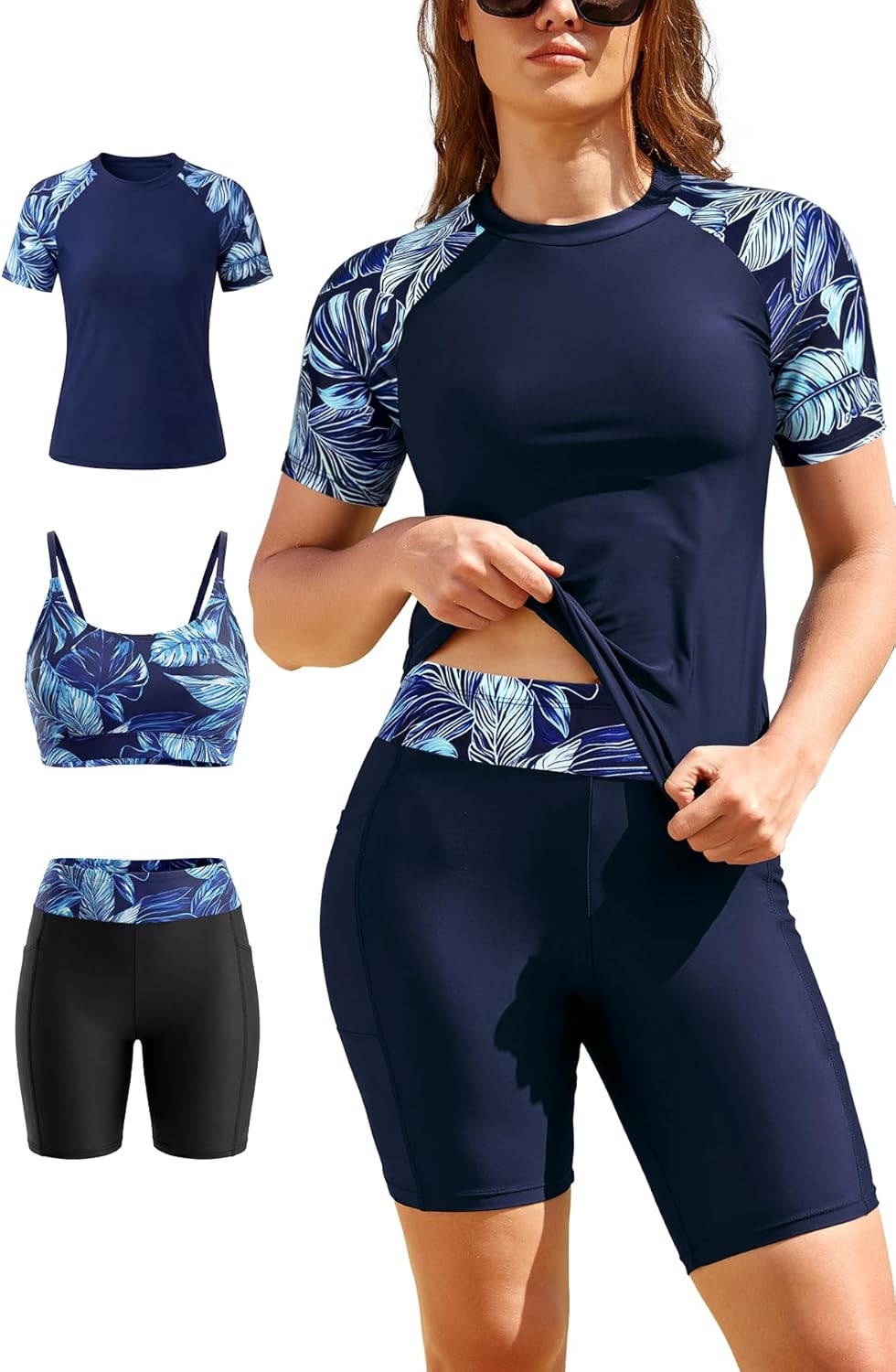 SHEKINI Women's 3 Piece Short Sleeve Rash Guard Bathing Suits with High Waist Boyshorts & Bikini Top