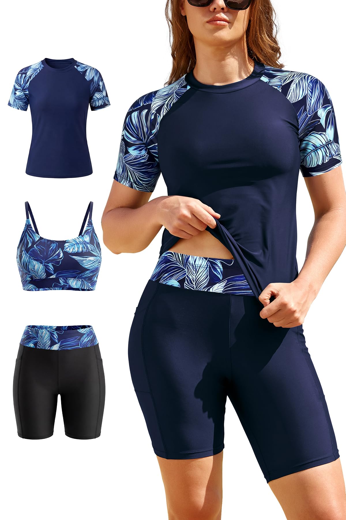 SHEKINI 3-teiliges Rashguard-Set für Damen, LSF 50+, UV-Schutz, kurzärmelig, Sport-BH, Bikini-Oberteil mit Boyshort Hose, Badeanzüge, bescheidene Badebekleidung