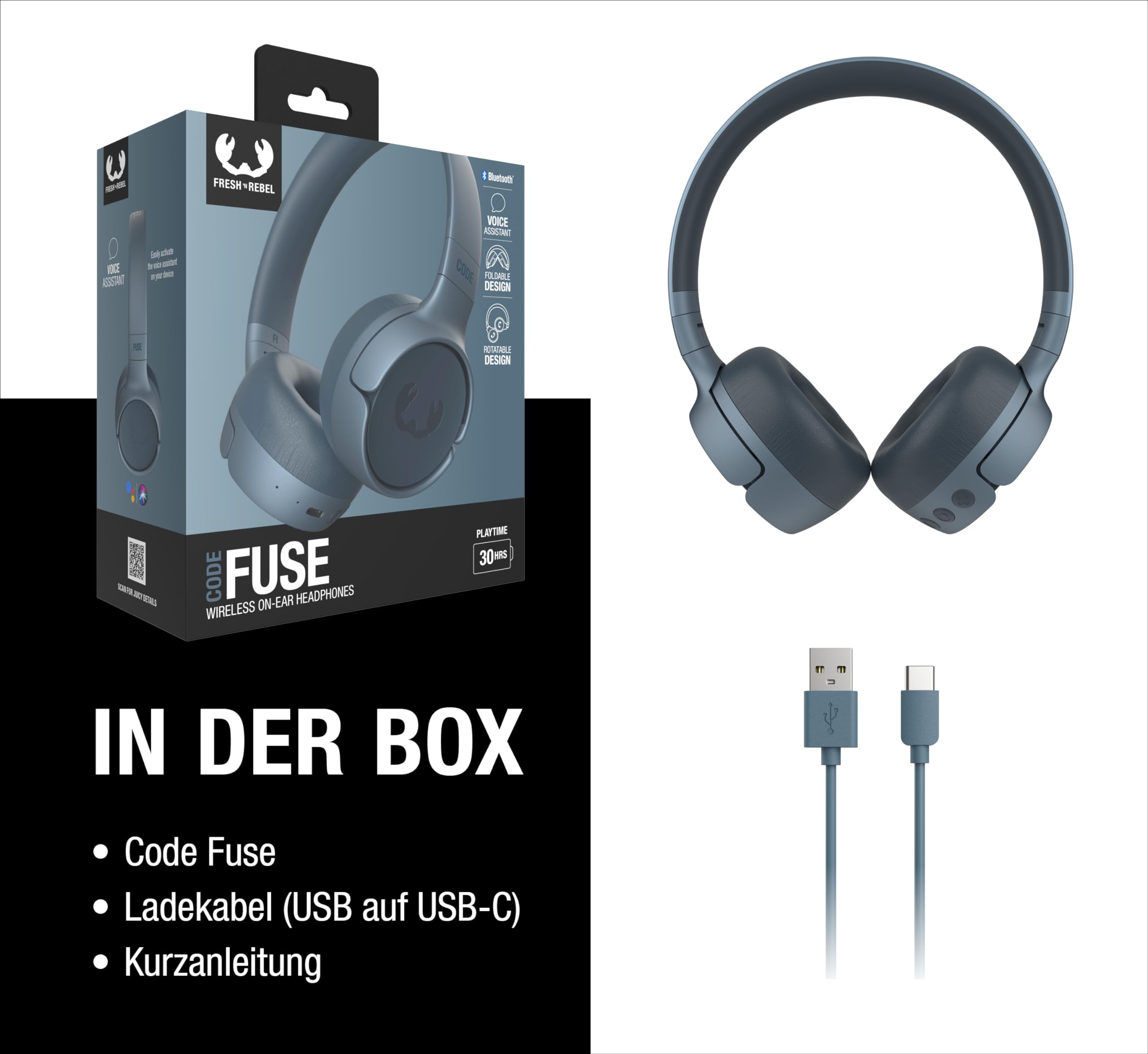 Fresh 'n Rebel Code Fuse, słuchawki nauszne Bluetooth, bezprzewodowe, 30 godzin odtwarzania, z mikrofonem i asystentem głosowym, regulacją głośności i przyciskami odtwarzania/pauzy, składane (Dive