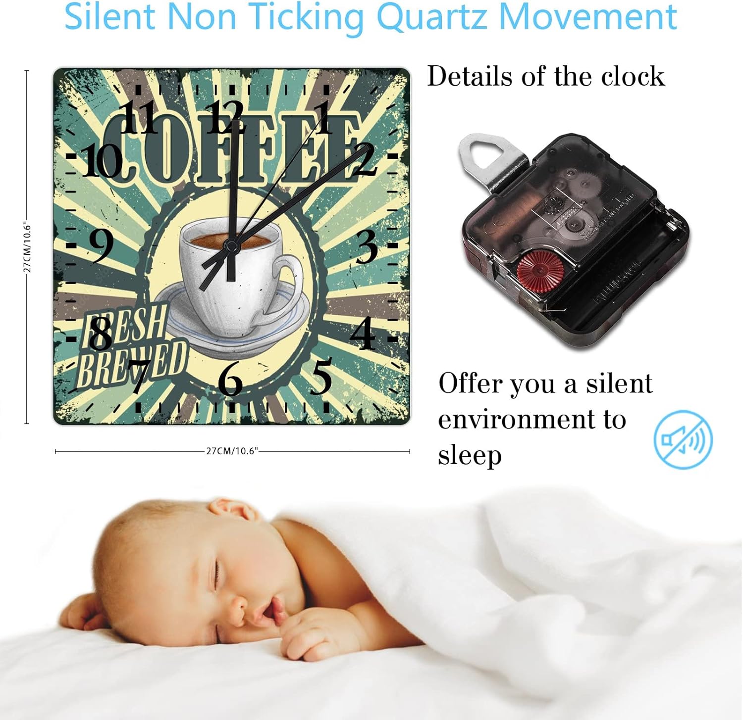 Coffee Wooden Clock 10 Inch, Latte Coffee Room Decorative Wall Clock Battery Operated Quartz Analog Quiet Square Arabic Numeral Clock for Home Office School