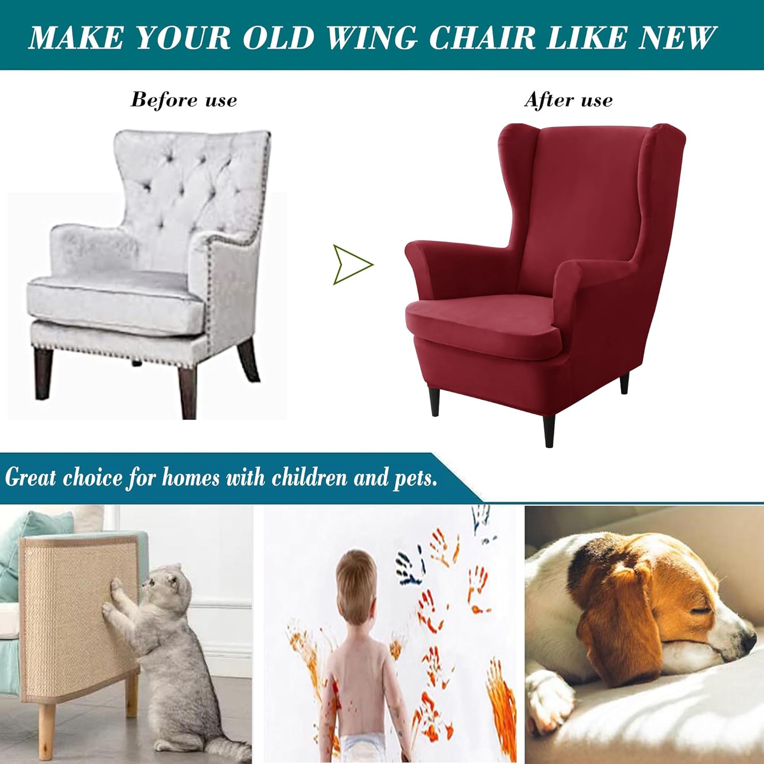 HFCNMY Wingback Chair Covers, 2 Piece Stretch Velvet Wingback Chair Slipcover-Thick Wing Back Chair Covers with Arms-Wing Chair Slipcover-Wing Back Chair Slipcovers with Elastic Bottom Red