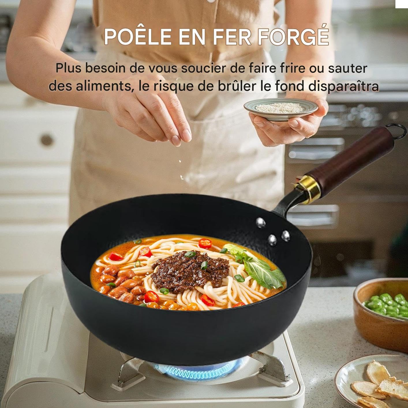 Poêle à frire en fer Poêle sauteuse grand ventre sans revêtement pour frire