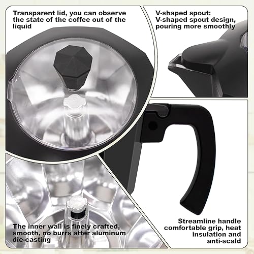 Vista 7 de Olla eléctrica de aluminio para moka de 5 a 6 tazas, 9.1 fl oz, con base desmontable, ideal para el hogar, cafetera italiana y cubana, cafetera Negro