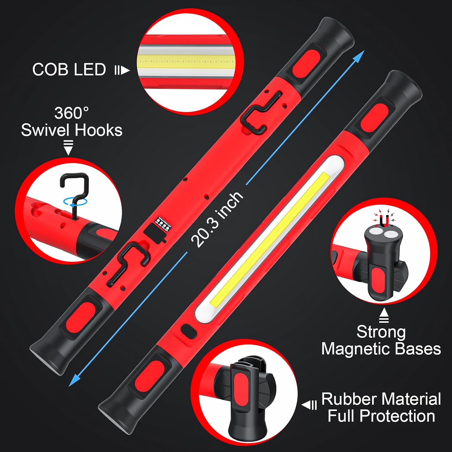 Rechargeable Mechanic Work Light, 2500LM Super Bright LED, 5200mAh Rechargeable Magnetic Underhood Work Light with Hooks, Portable for Car Repairing/Inspection/Garage/Workshop/Emergency