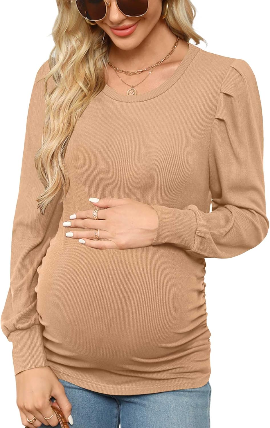 Onedreamer Women's Maternity Shirts Puff Sleeve Round Neck Tunic Top Casual Pregnancy Clothes