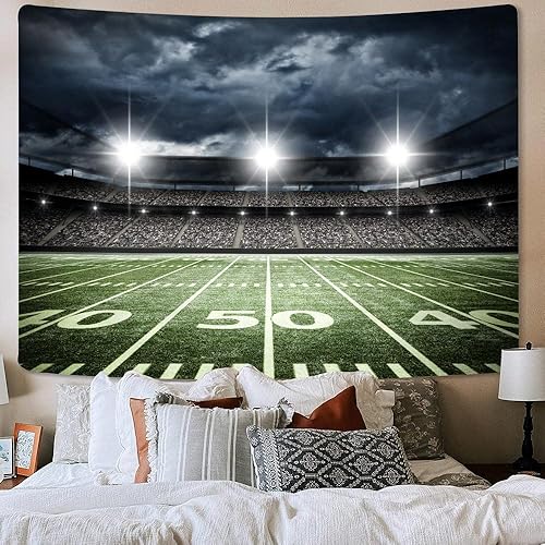 Miniatura 2 de Tapiz de estadio de fútbol americano, luz de campo deportivo, césped nocturno, para niños, césped verde, negro oscuro, moderno, simple, impreso,