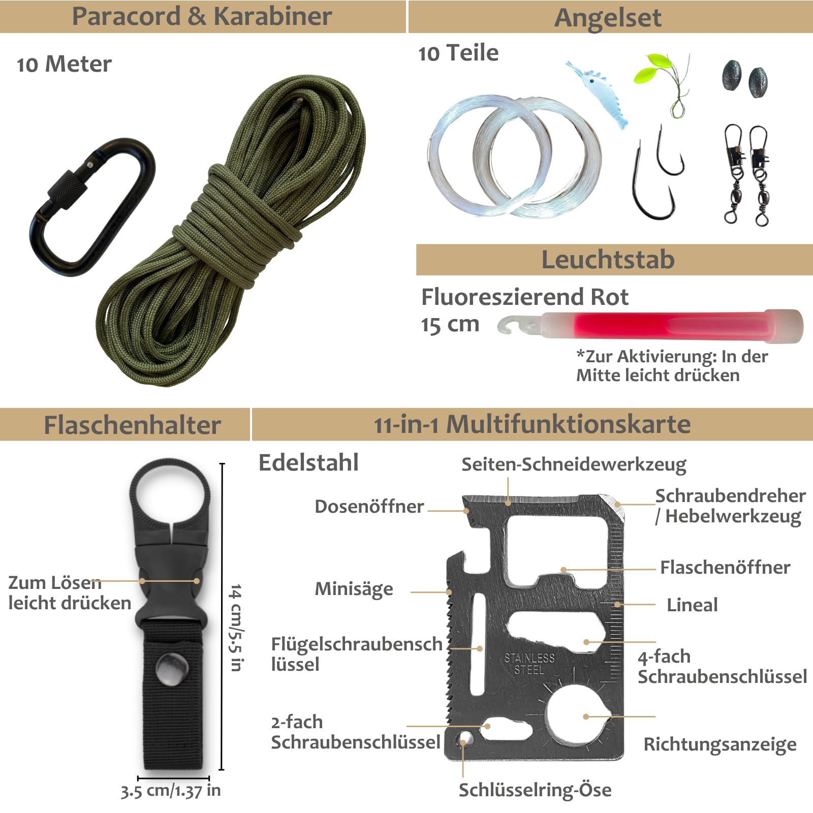 Survival Kit Komplett BIRKOSCH – 16 Werkzeuge + 82 Erste-Hilfe-Teile | 2 in 1 : Outdoor-Tasche + Erste-Hilfe-Set. Kompass, Wasserfilter, Rettungsdecke – Camping, Wandern, Auto, Notfall.