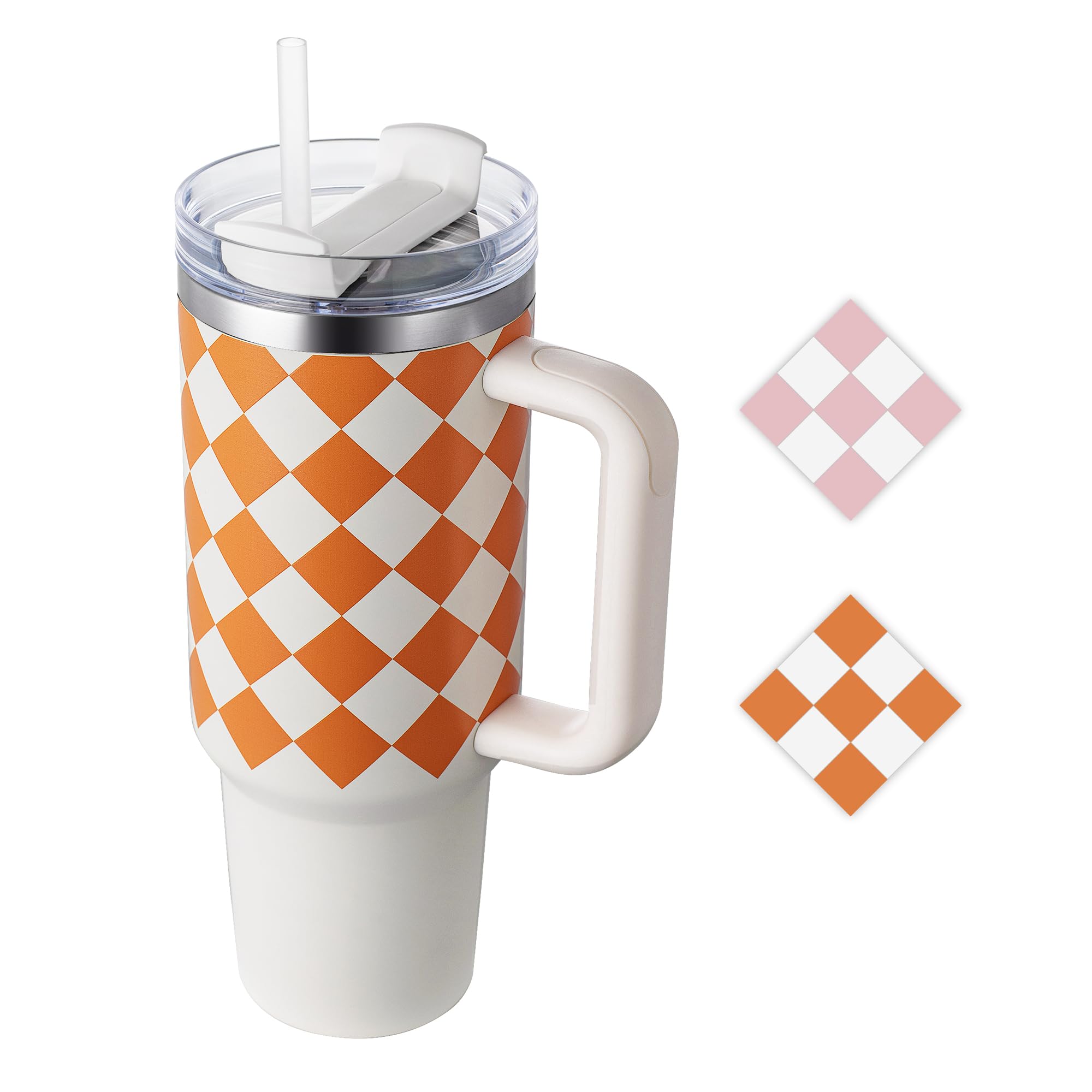 Joware 40 oz Tumbler with Lid and Straw, Insulated Tumblers with Handle, Stainless Steel Water Bottles, Water Tumbler with 2-in-1 Lid, Vaccum Travel Mug, Cupholder Friendly, Orange Diamond