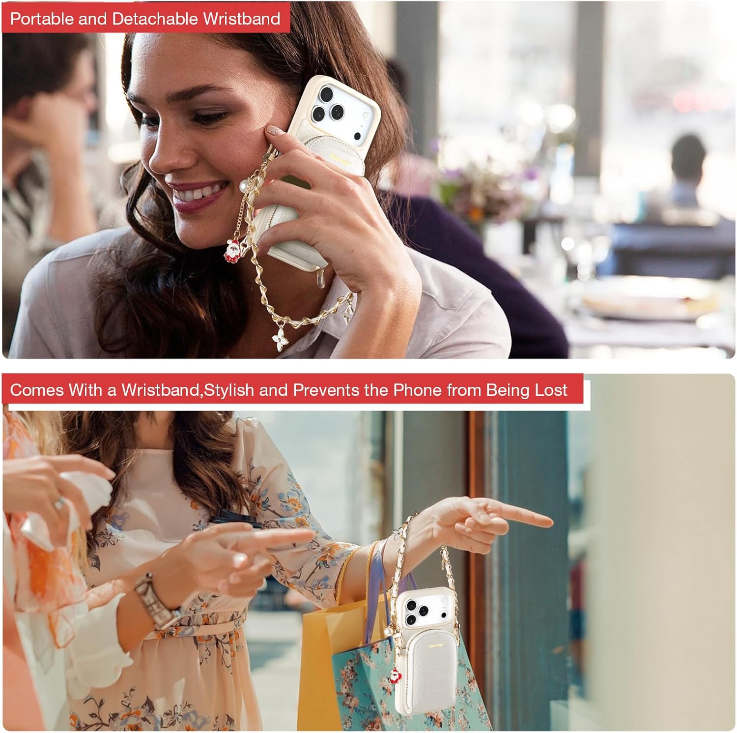 Hanman Leather Wallet Case with Wrist Strap for iPhone 17 Pro Max,RFID Blocking Microfiber PU Leather Zipper Purse Case for iPhone 17 Pro Max,Crocodile Hand Card Holder Cover-Beige - Image 4