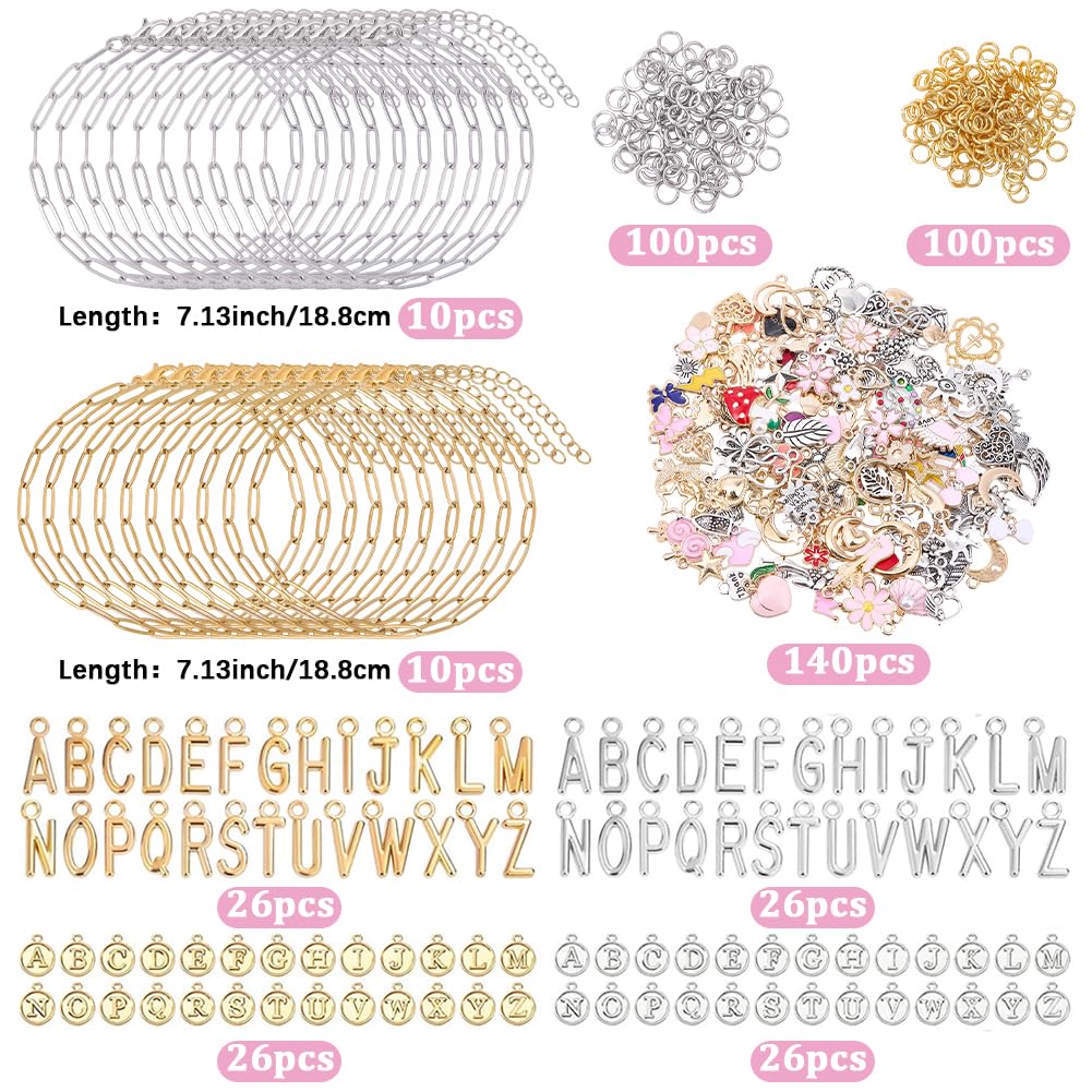 464 Stück Charm Armband Making Kit 20 Stück Silber und Silber Büroklammerkette Armband Buchstaben Herz Himmelskörper Charm mit Springring Komplette Schmuck Herstellung Zubehör