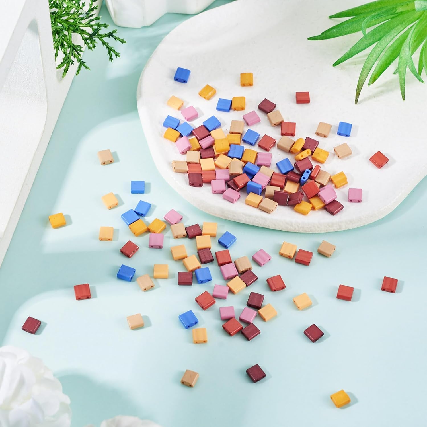 140Pcs 2-Hole Baking Paint Glass Tila Beads 7 Colors 5x5x2mm Square Seed Beads Small Flat Spacer Bead for Jewelry Making Bracelet Earring Beaded Bangle Craft - Image 6