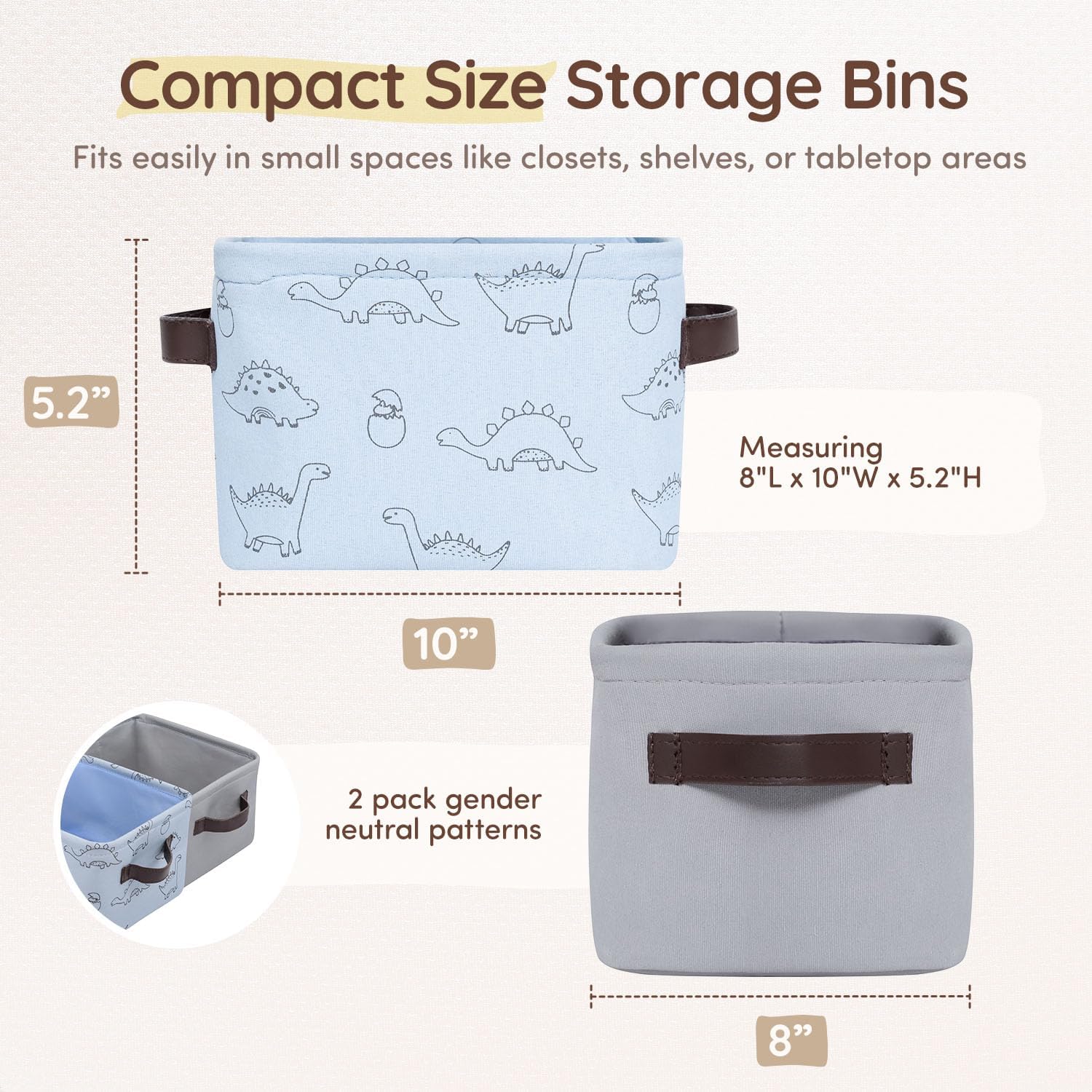 Fabric Storage Bins Cute for Nursery 8"x5.2"x10" - Collapsible Blue Dinosaur & Grey Kids Baskets with Handles 2 Pack, Hamper Fabric Bin, Toy Toddler Basket, Diaper Storage Bins, Baby Room Decor