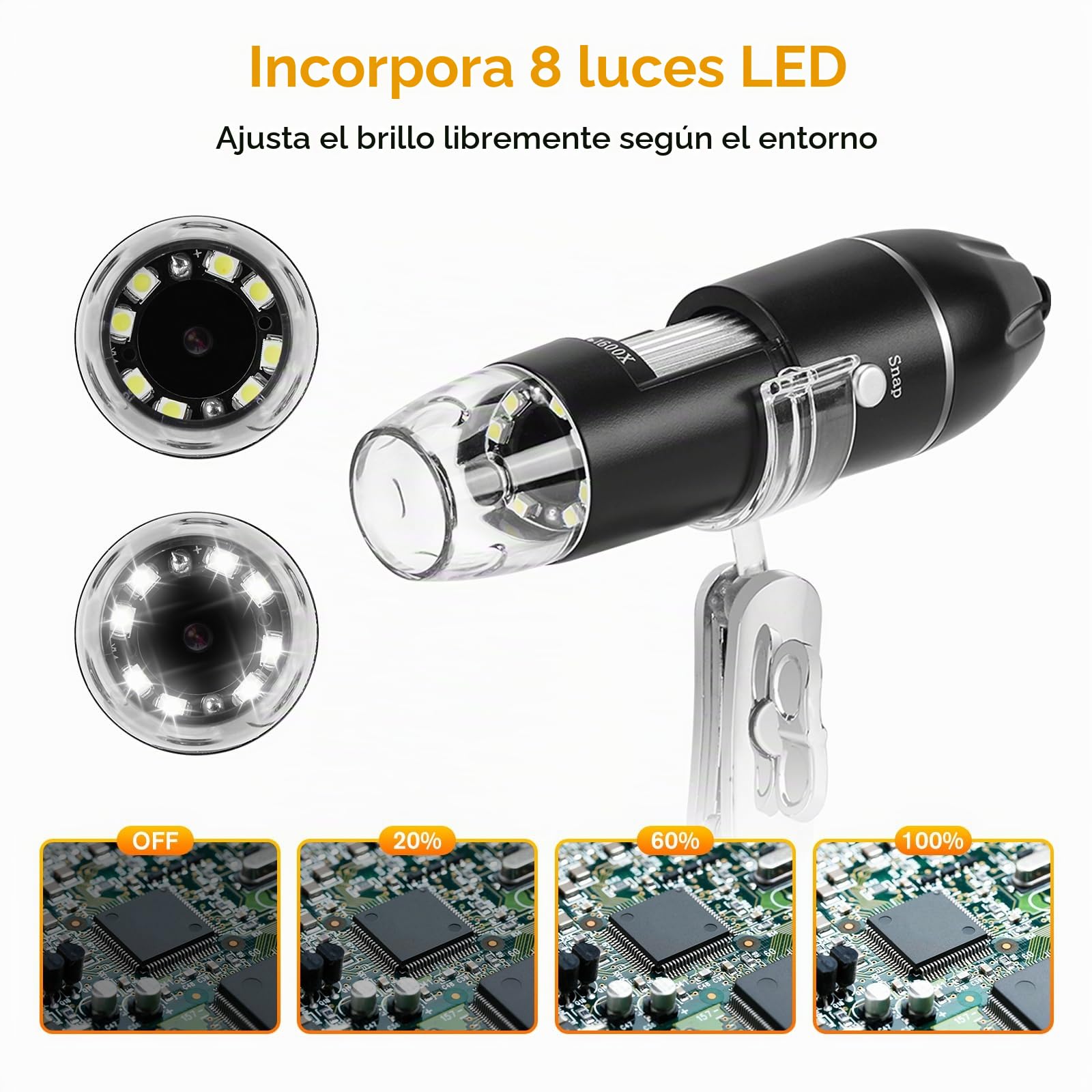 WADEO Microscopio Digital de Mano, microscopio USB 1440P HD con Aumento de 50X-1600X, cámara de inspección portátil sin WiFi, con Cable con 8 LED y Soporte, Compatible con iOS, Android y tabletas