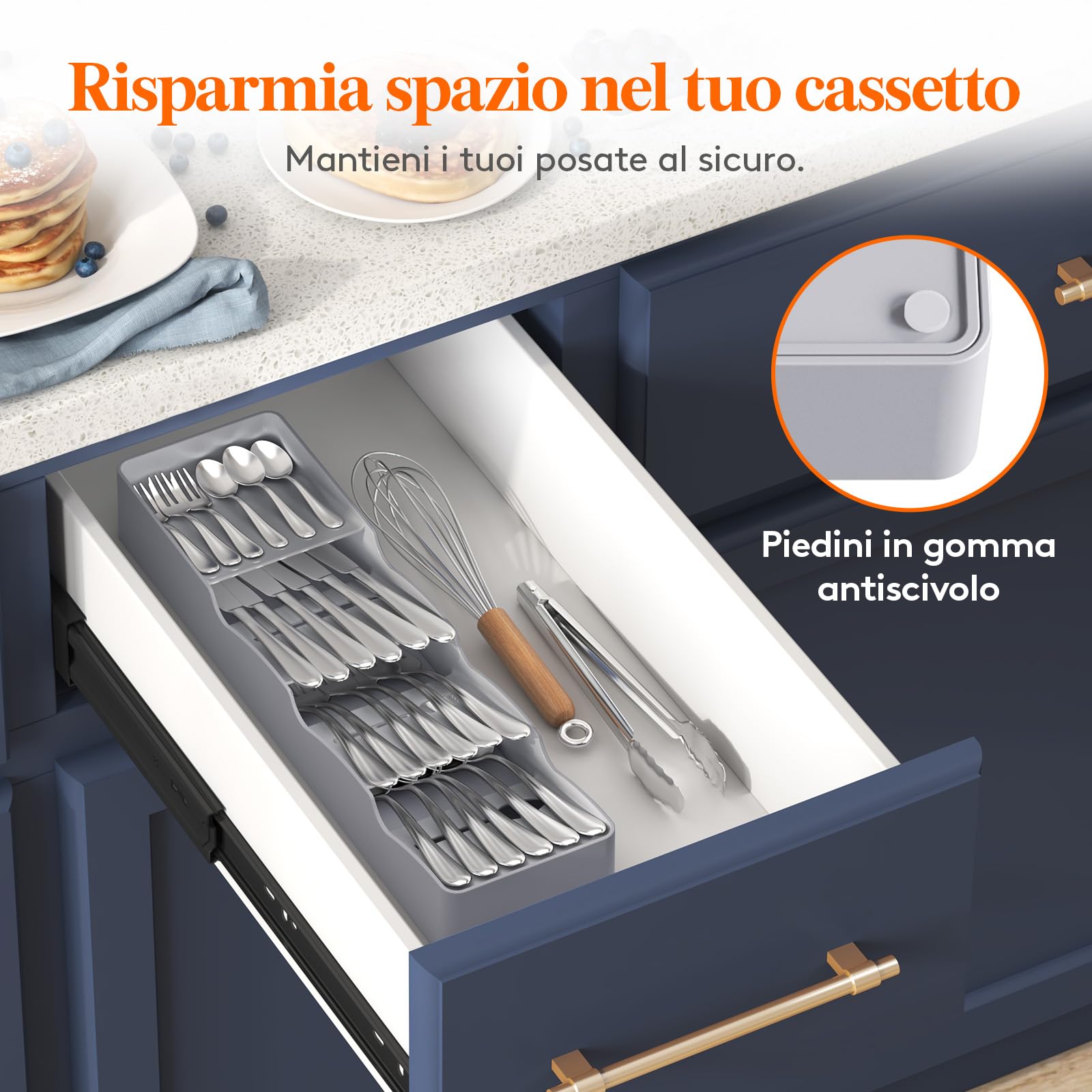Organizer Per Posate Espandibile In Acrilico - Vassoio Regolabile Per Cassetti Cucina Da 33 A 57 Cm - 8 Scomparti