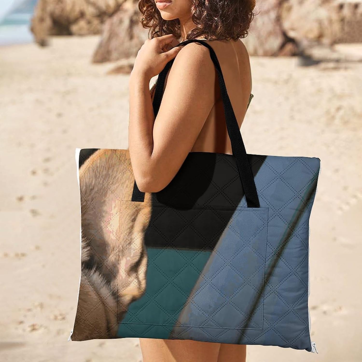 Puppy Dog Boston Terrier Picnic Blanket 150x150cm, Foldable 2-in-1 Picnic Mat and Tote Bag Portable Waterproof Beach Mat Sandproof Outdoor Blanket for Park, Hiking, Beach, Camping, Travel