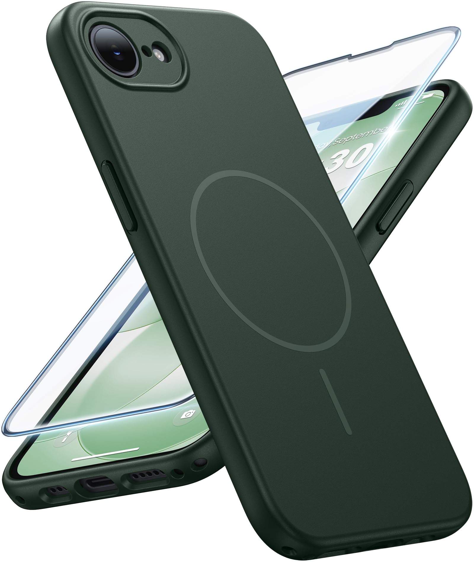 FNTCASE for iPhone 17E/16E Case Matte Green: Compatible with MagSafe | With Screen Protector, Translucent Magnetic Full Camera Protection, 14FT Military Grade Drop Tested, Matte Shockproof Cover
