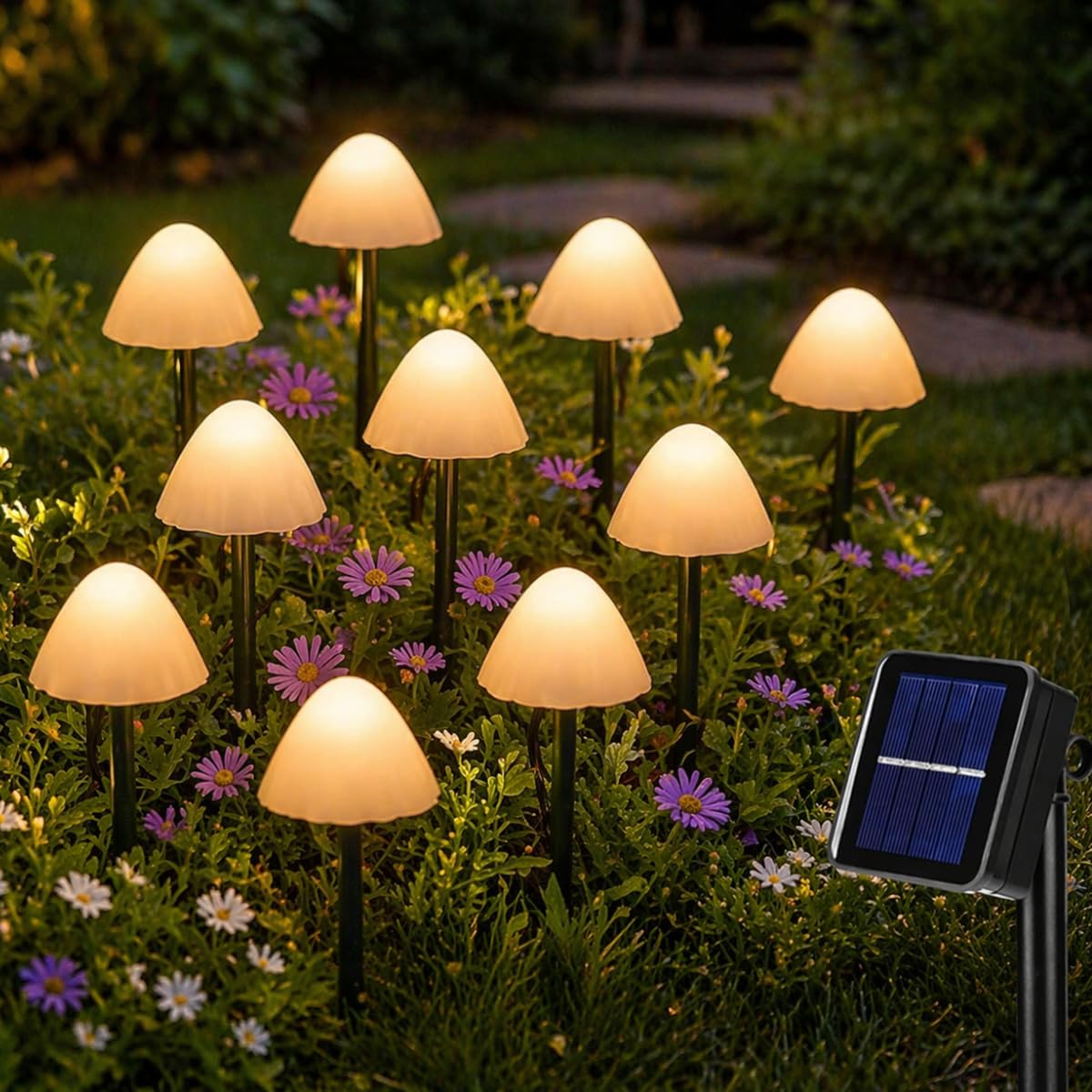 Pack of 10 Solar Mushroom Multi Function LED Outdoor Garden Pathway Stake Lights