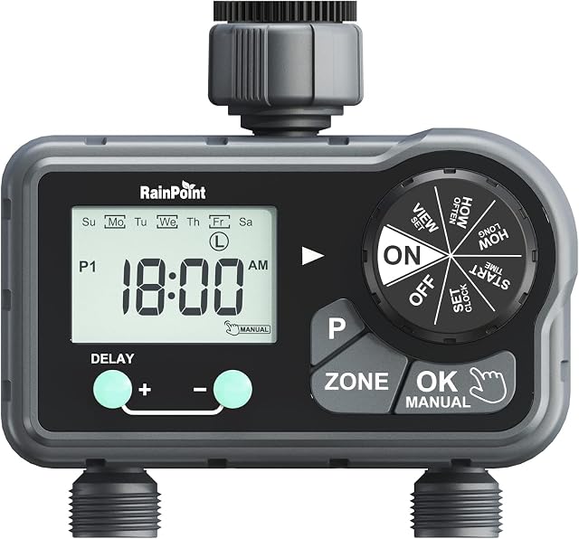 RAINPOINT Sprinkler Timer, Programmable Water Timer for Garden Hose, Hose Timer with Rain Delay & Manual Watering, Irrigation Timer for Yard, 2 Outlet