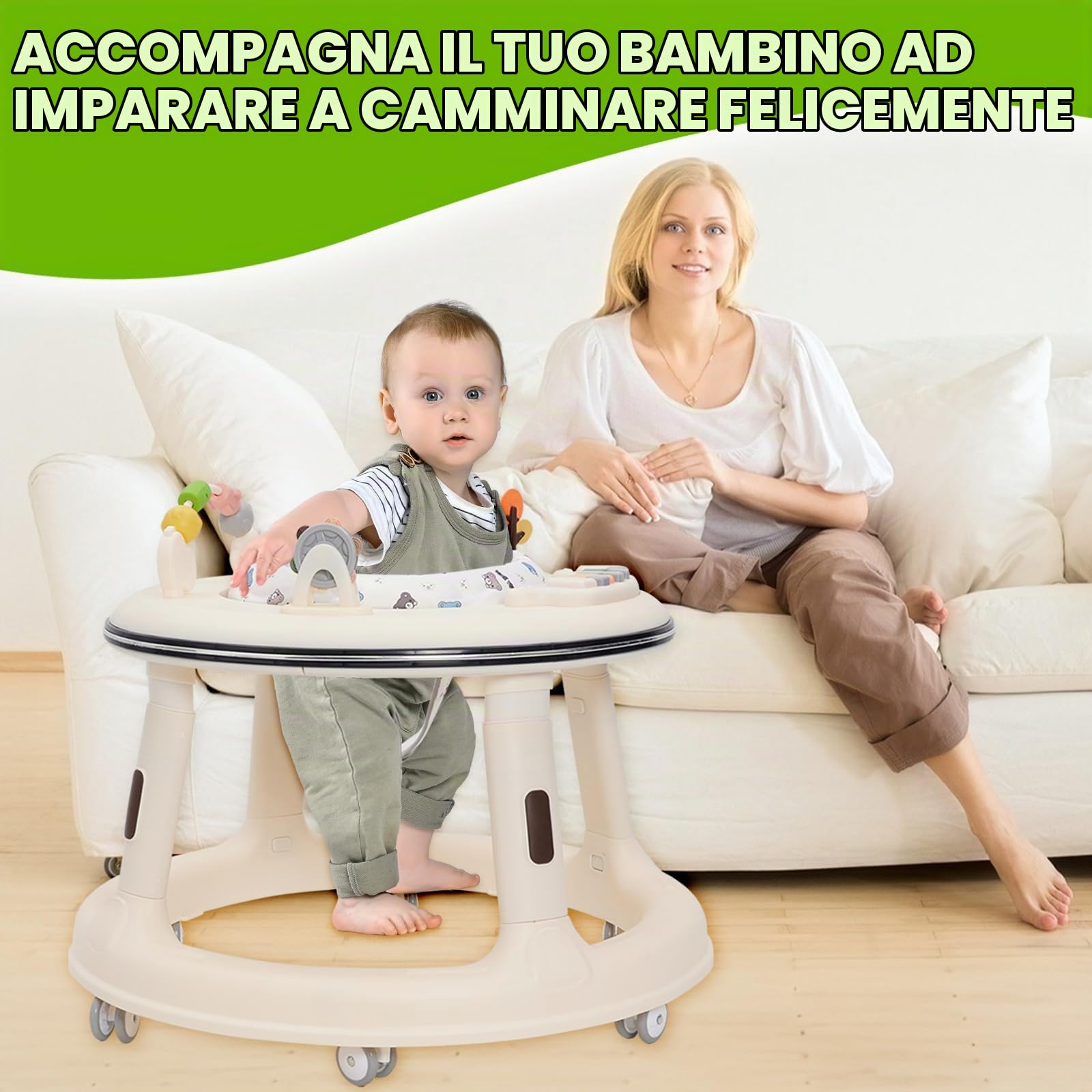 Girello Bambino,Girello 2 Altezze Regolabili,Resistente al Ribaltamento,BabyWalker con Giocattoli Montessori, Ruote Silenziose a 360° e Attività musicali staccabili, Da 9-18 Mesi in su