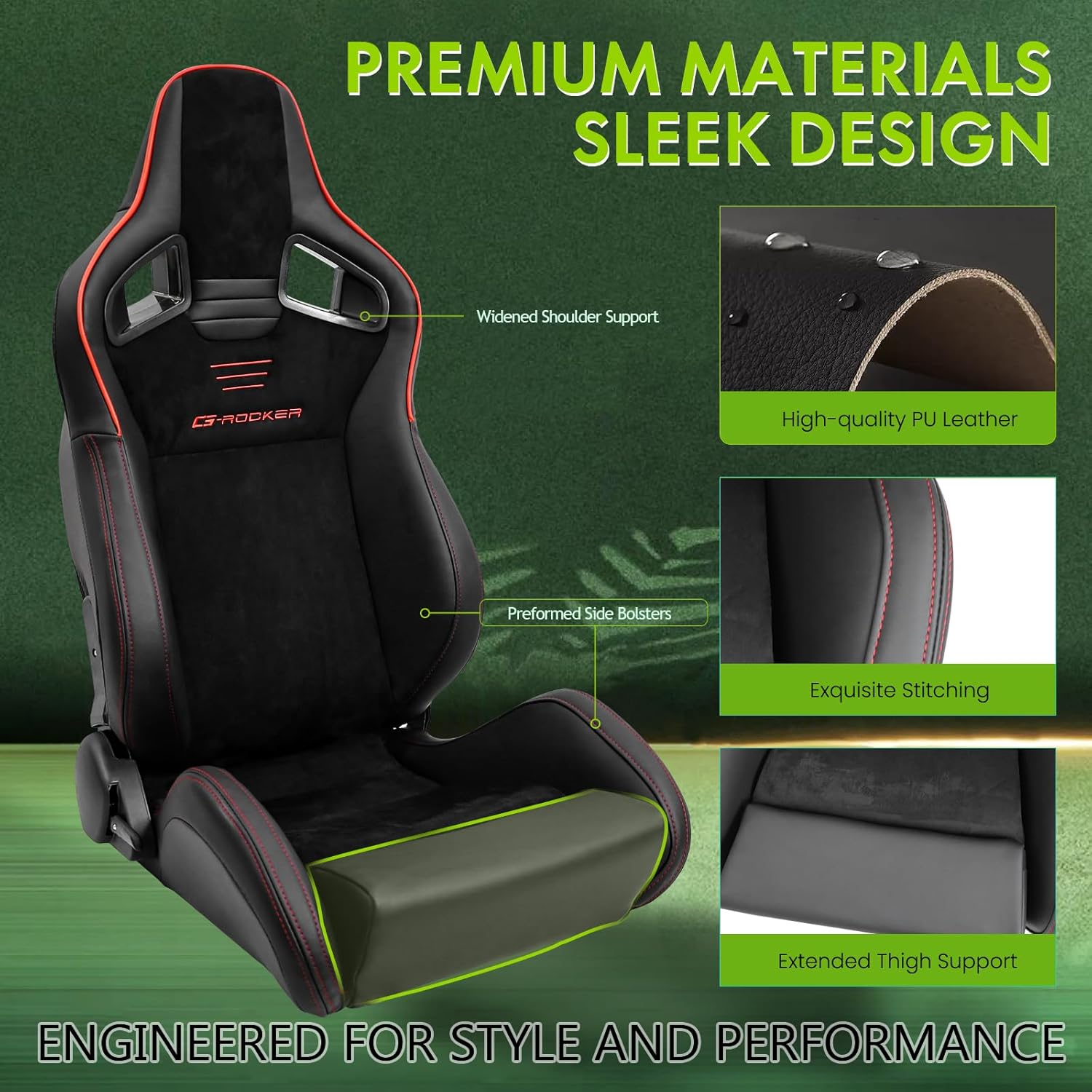 Universal Pairs of Racing Seat with Dual Sliders, Suede & PU Front+Carbon Leather Back Reclinable Bucket Seat, Black Suede+Side PU+Red Strip w/LOGO