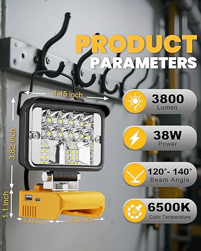 Vista 2 de LIVOWALNY Luz de trabajo LED compatible con batería Dewalt de 20 V, linterna inalámbrica de 38 W 3800 LM, herramientas de 20 V, reflector portátil