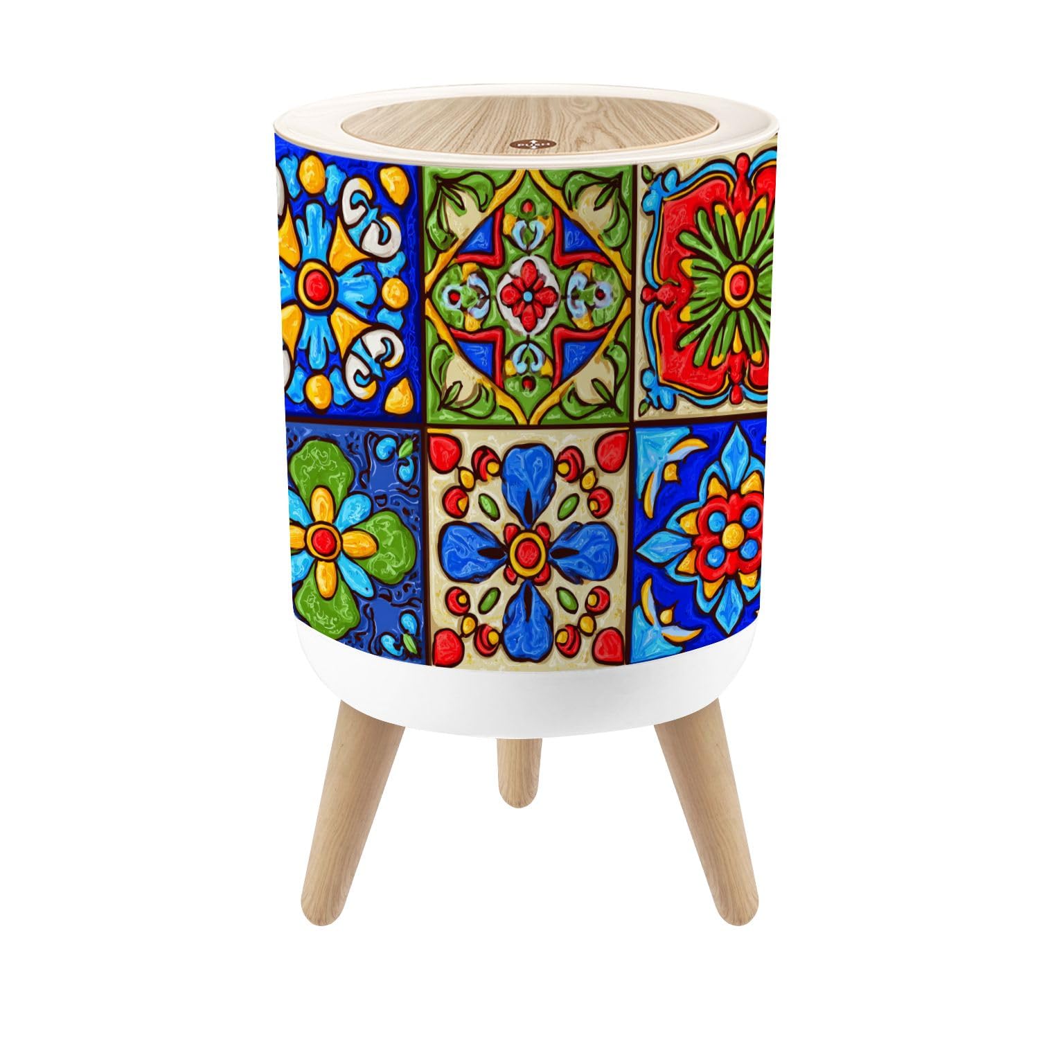 Bathroom Trash Can with Lid 1.8 Gallon Dog Proof Trash Can Mexican talavera ceramic tile Garbage Bin Waste Basket Trash Bin Round Waste Bin with Press Cover for Kitchen, Bedroom, Powder Room, RV