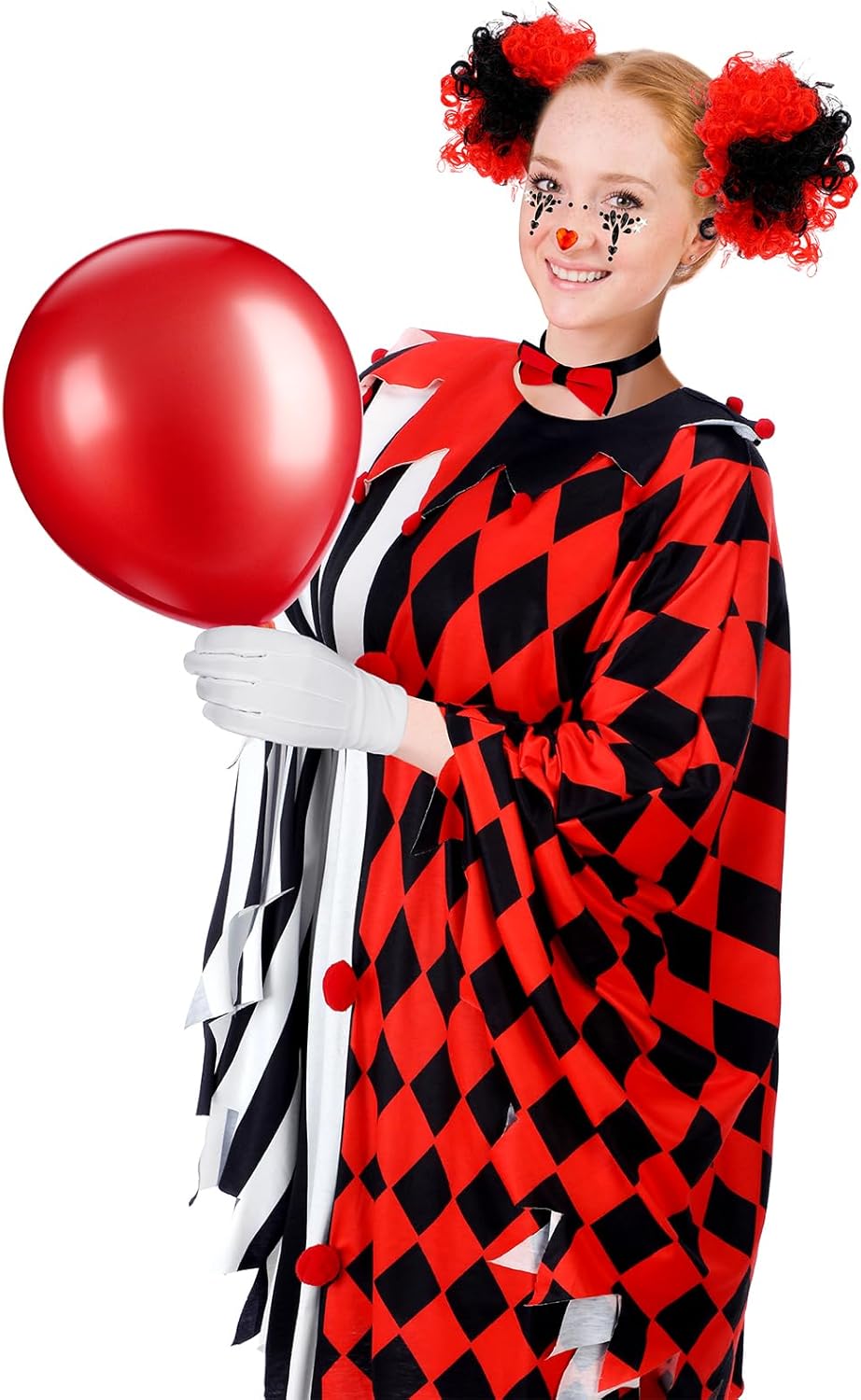 Suhine 13 Pcs Halloween Scary Poncho Clown Costume Accessories for Women Plus Size Black Red Clown Poncho Costume Set Wig Tights Face Rhinestone Stickers Tie for Bloody Creepy Halloween Party Cosplay - Image 6