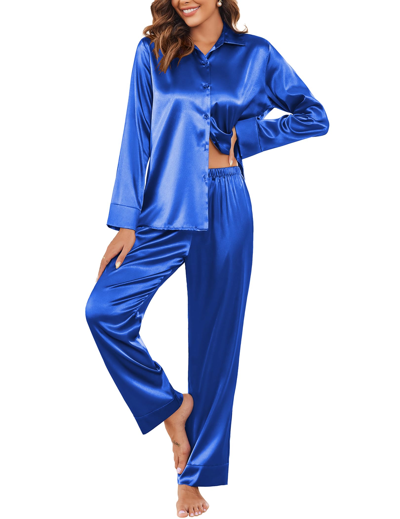 EkouaerWomen Silk Nightgown Set Soft Comfy Button Down Pajamas Set Loungewear Set 2 Piece Set long Sleeve Sleepwear Royal Blue S