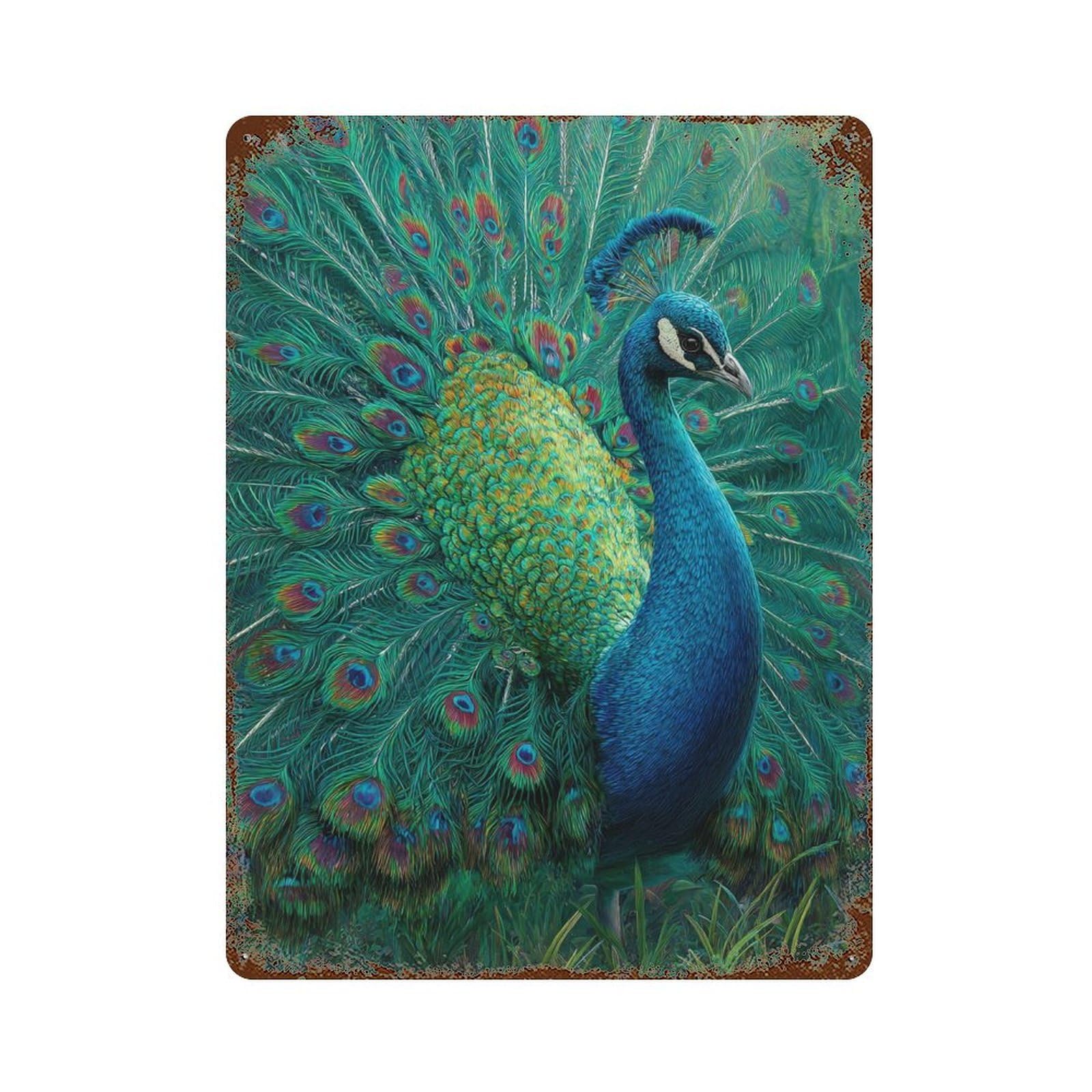 Peacock with Spread Feathers Weathered Tin Sign 15.7"x11.8", Novelty Wall Decor for Garage, Pub Or Kitchen