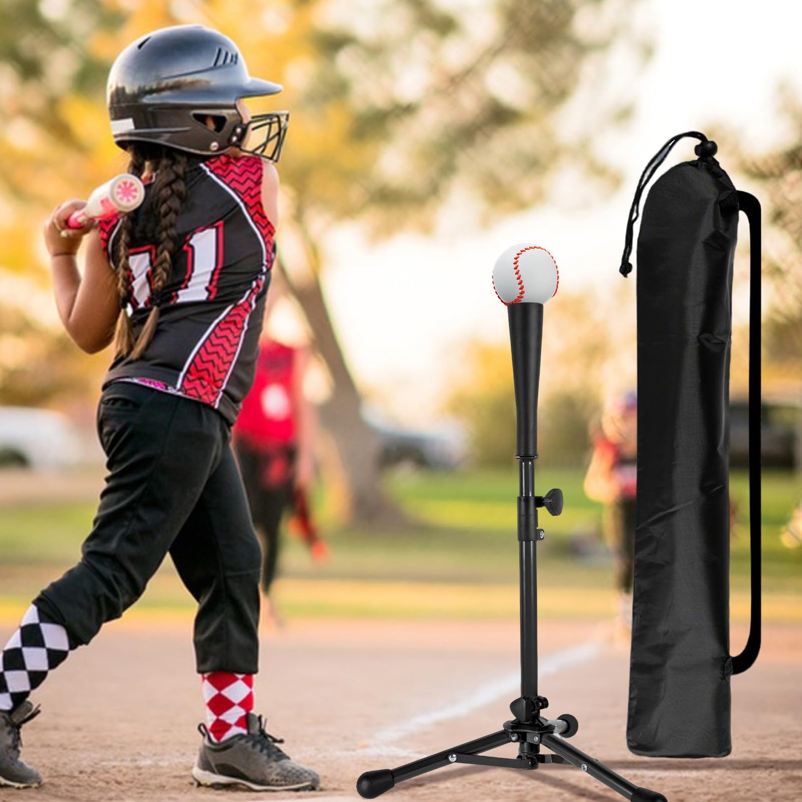 Tee Ball Stand - Camiseta de béisbol para niños, entrenador de trípode ligero y ajustable en altura | Portátil para principiantes, apto para edades de 3 a 8 años, juego de competición, raqueta, jaula,