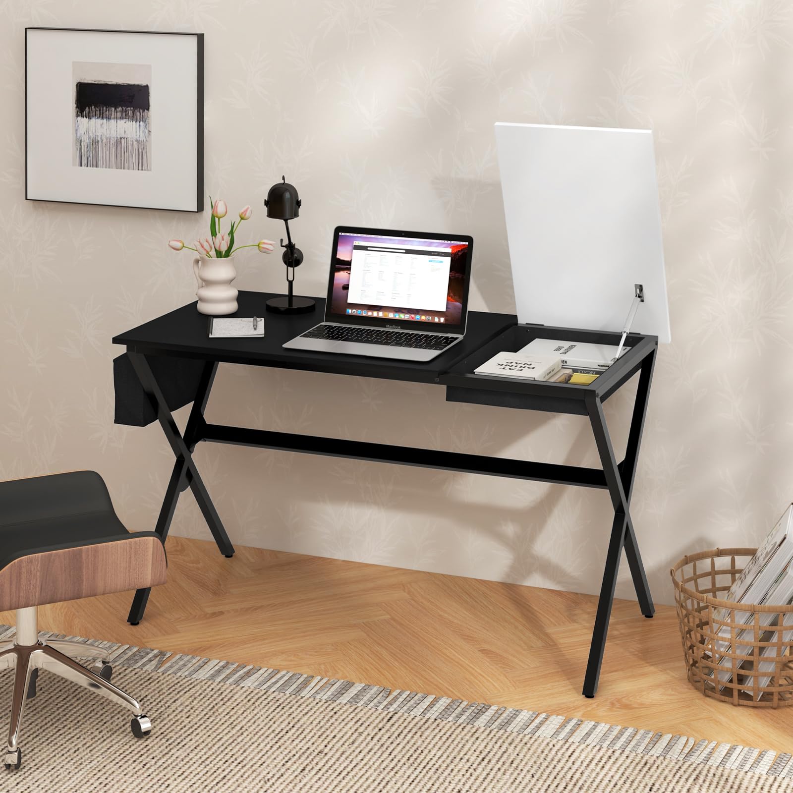 GIANTEX Scrivania per computer con portaoggetti pieghevole | Tavolo da scrittura con borsa portaoggetti laterale, postazione di lavoro in telaio metallico, 120 x 60 x 73,5 cm