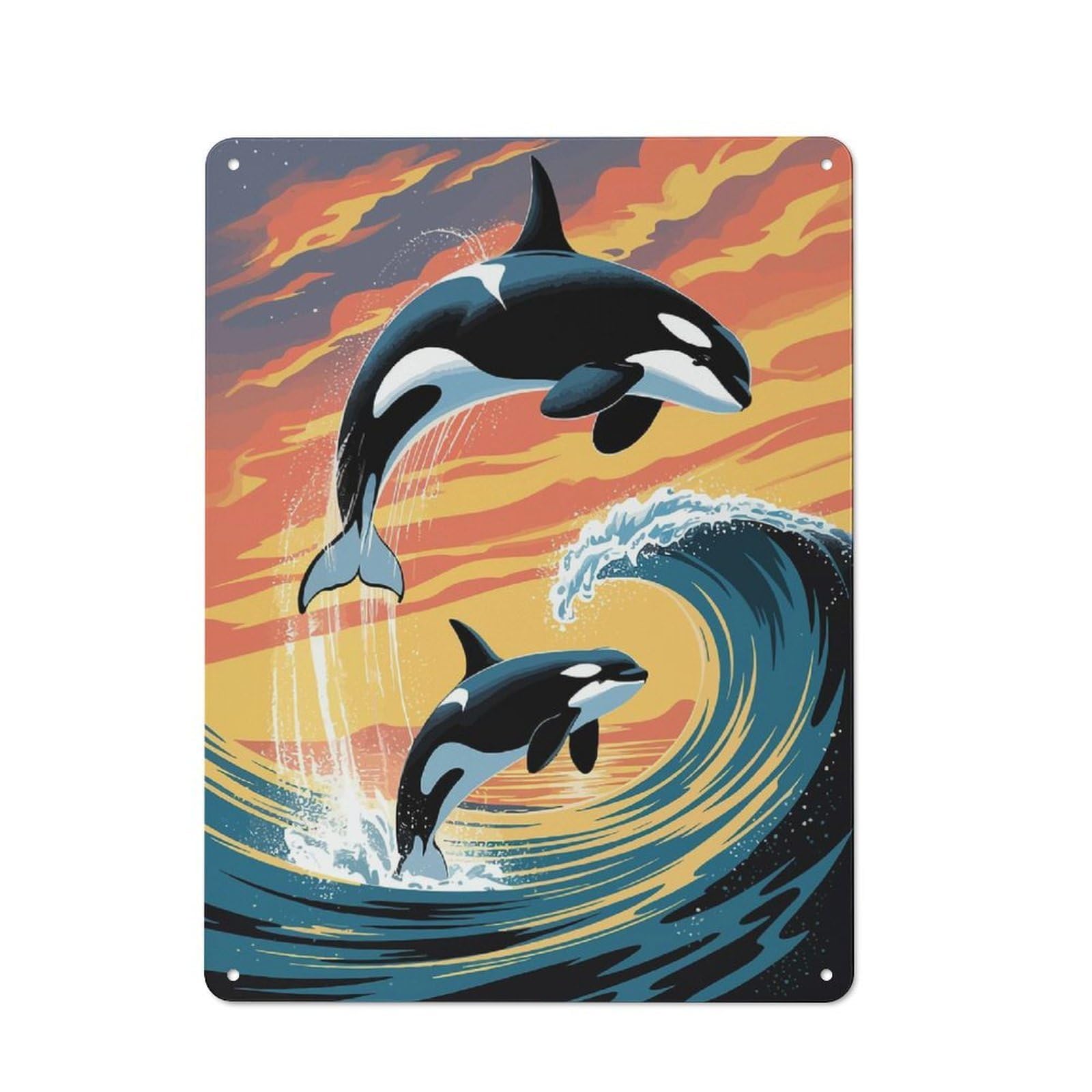 Junmoney Orcas Jumping At Sunset Metal Sign 40X30cm With For Workshop Wall, Retro Decor, For Garage, Workshop And Man Cave Decoration