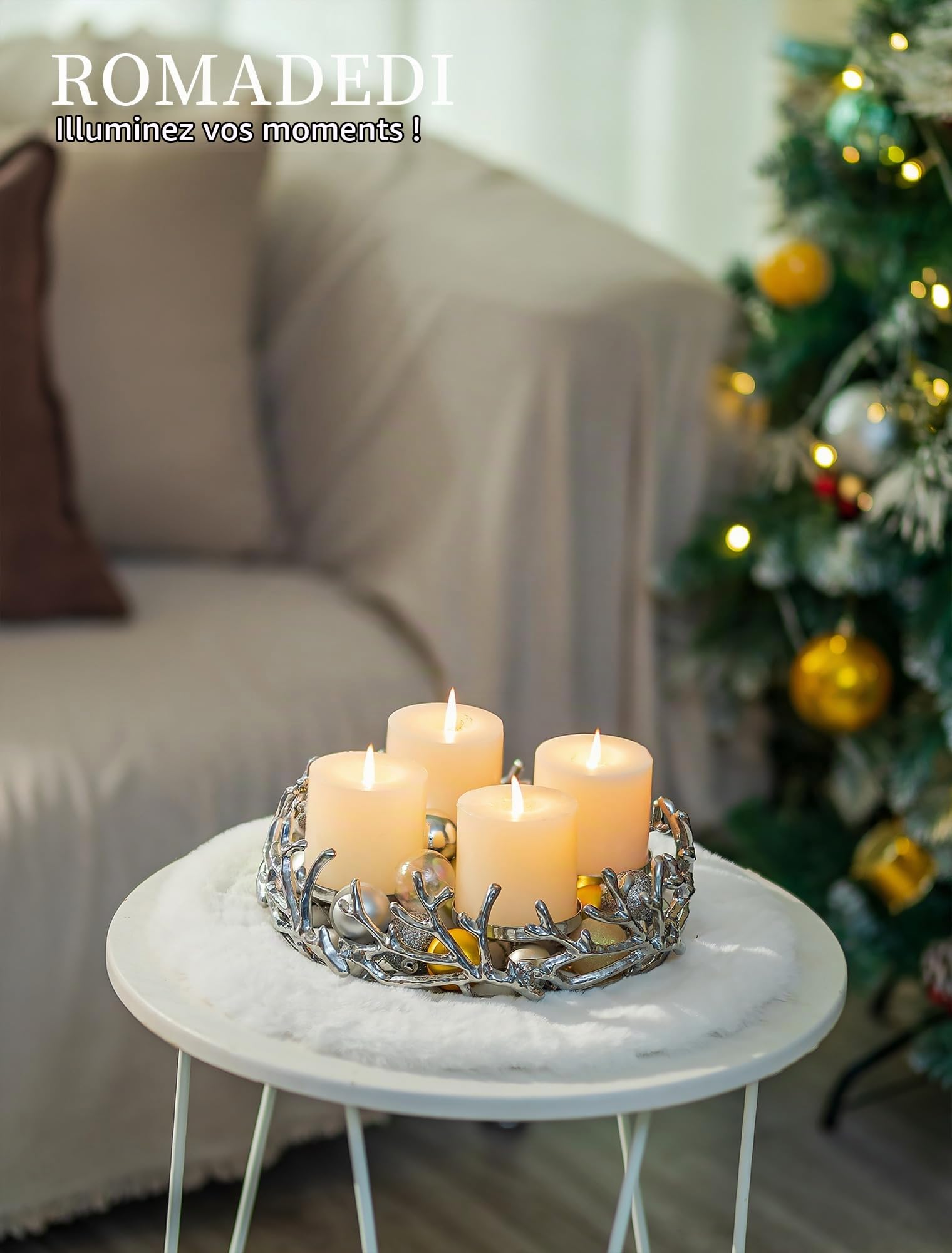 Romadedi Couronne de l'Avent Vintage en forme de bois de cerf Argent: Arrangement de couronne de l'Avent rond petit en aluminium Ø 28 cm pour 4 bougies de 8 cm de diamètre - Support de couronne de