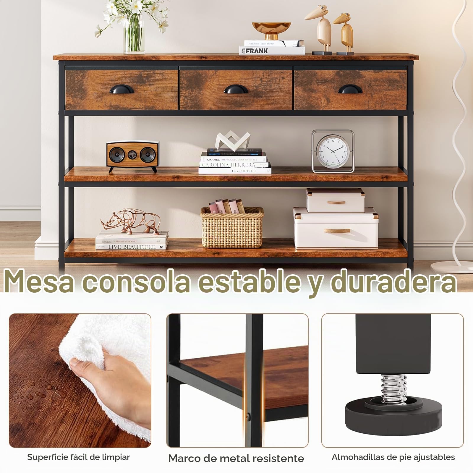Consola Recibidor con 3 Cajones de Estilo Industrial | 120 × 29 × 77 cm, Marrón Vintage, Ideal para Recibidores, Pasillos, Salones, Cocinas o Junto al Sofá