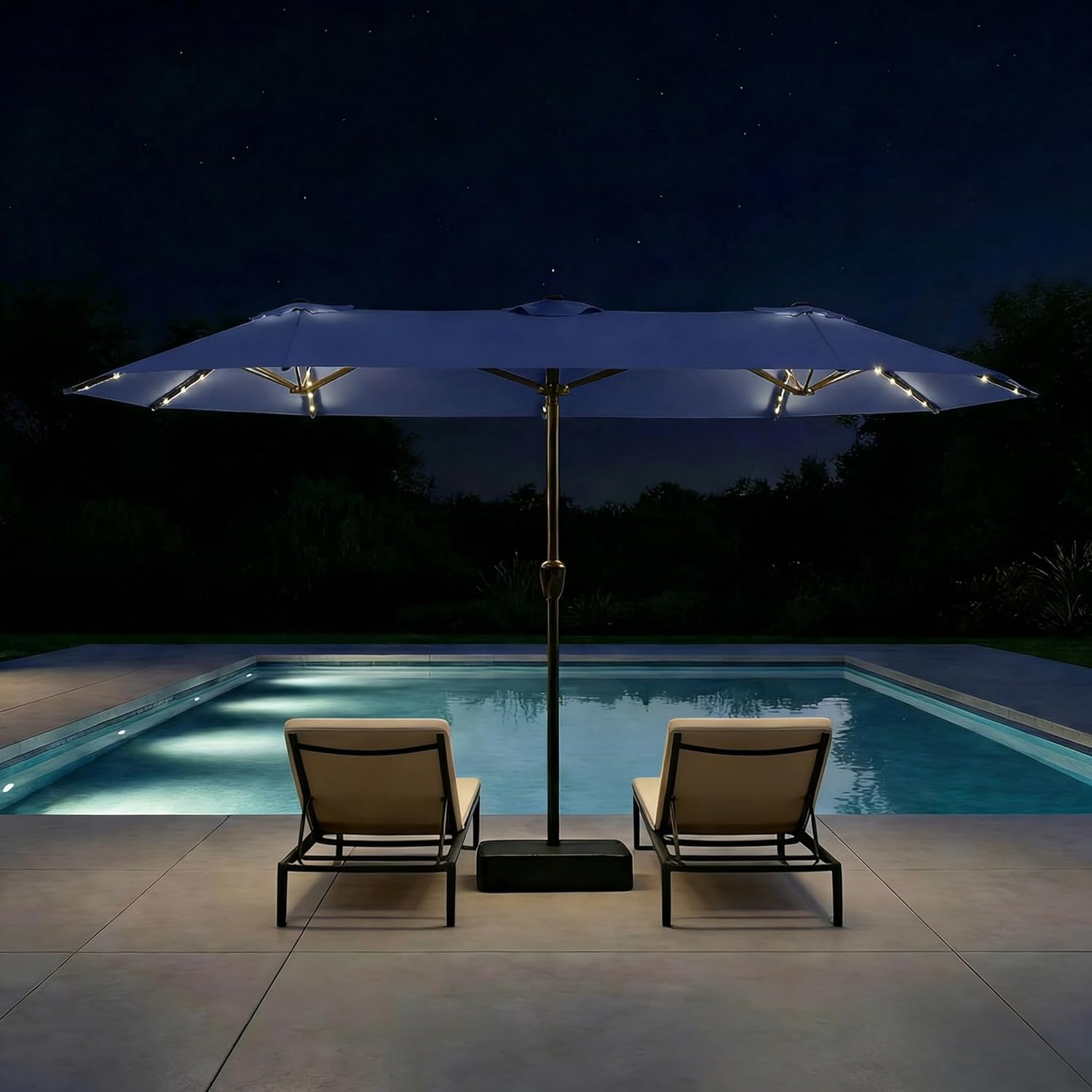 Large Patio Umbrella with Solar Lights and Base Double-Sided Outdoor Rectangle Umbrella with 36 LED Lights Market Table