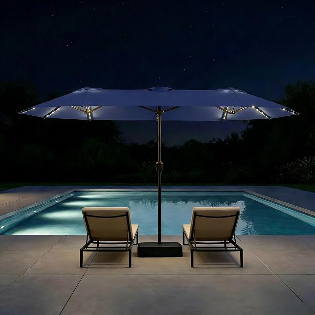 Large Patio Umbrella with Solar Lights and Base Double-Sided Outdoor Rectangle Umbrella with 36 LED Lights Market Table