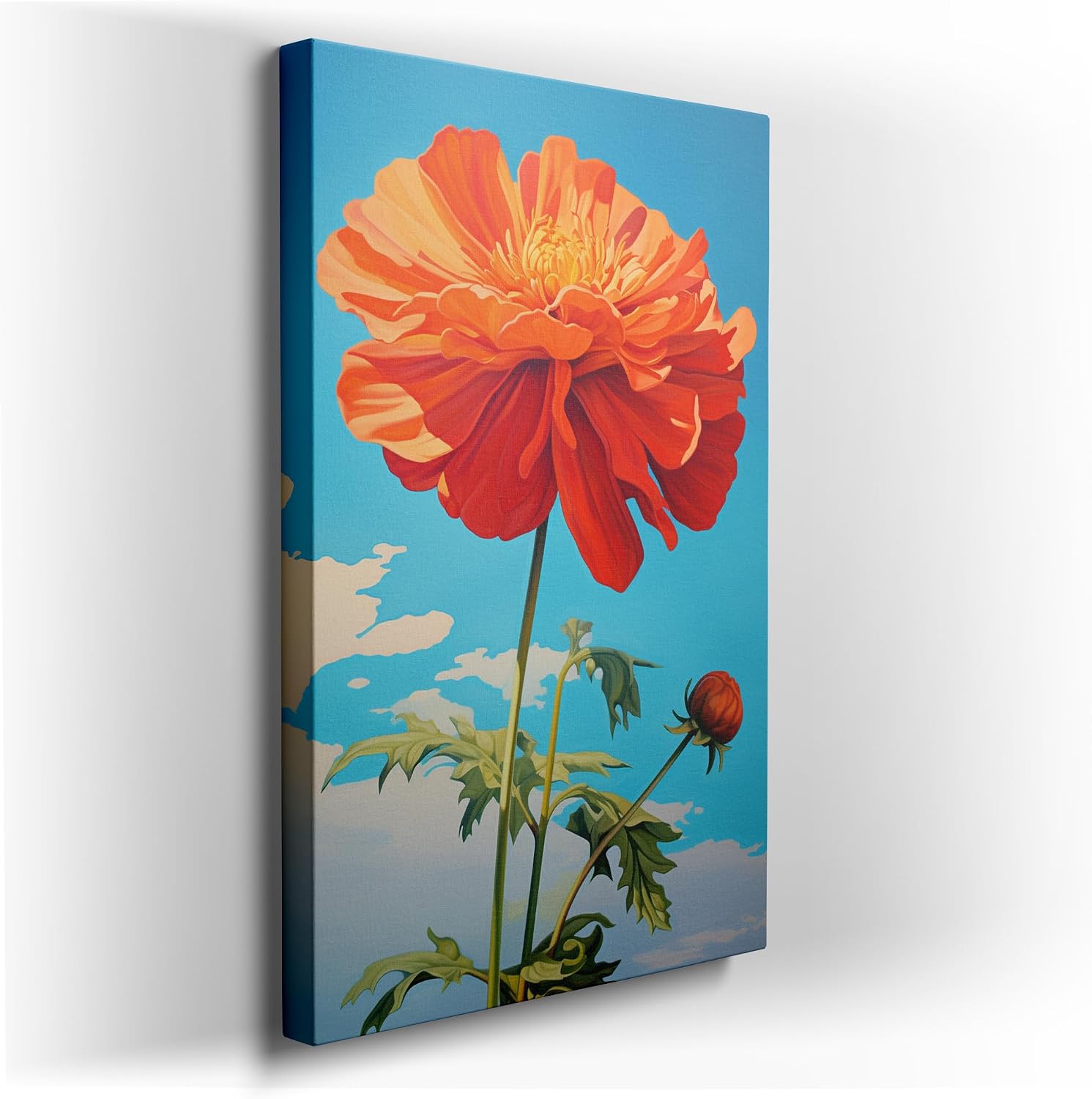 Art Wall: Vibrant Orange Flower Against Serene Blue Sky - a Celebration of Nature's Beauty. Interior Decor, Canvas Art Design, Arts Wall Decoration, Office Arts Design, Size: 69x46 cm (27x18 inch)