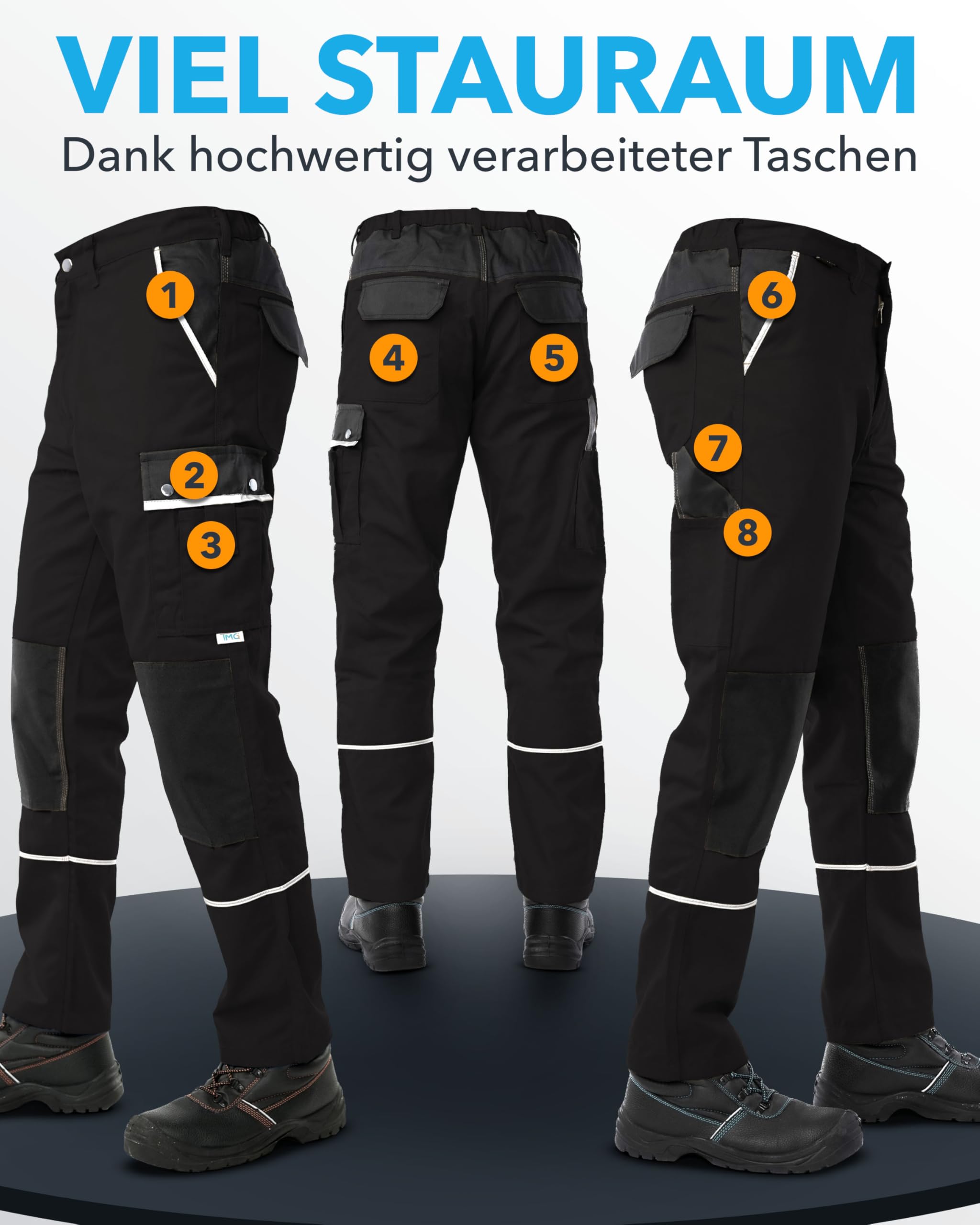 TMG® Pantalones de Trabajo para Hombres | Negro | XS-7XL | Pantalones de Trabajo Resistentes y Elásticos | con Multibolsillos y Reflectores | Artesanos, Electricistas, Mecánicos 52