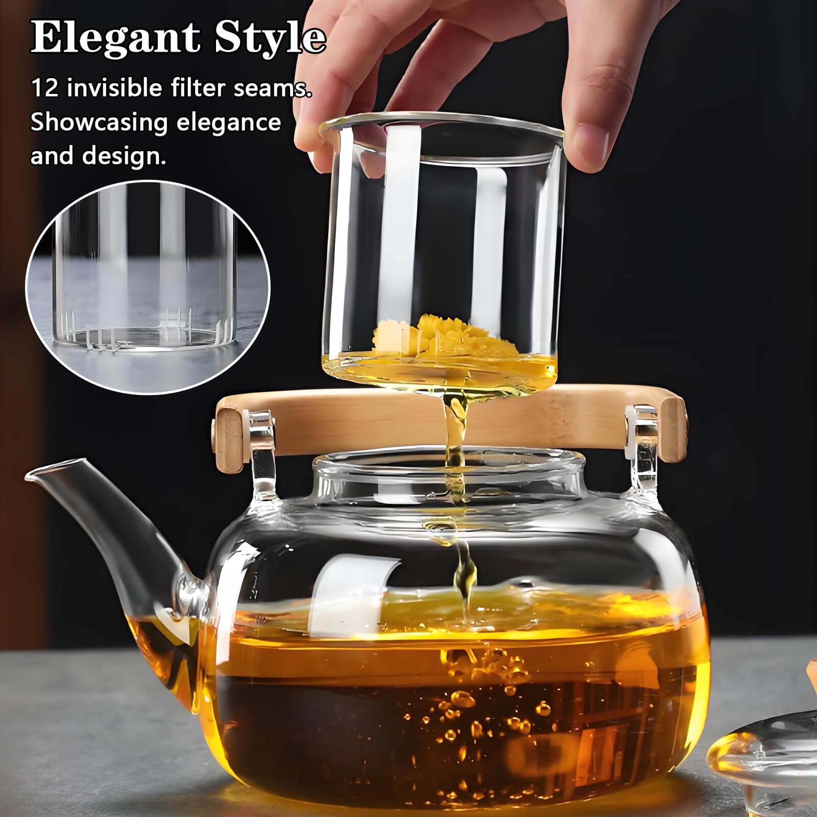 DxxD Teiera in Vetro Resistente 1000ml con Infusore Integrato Removibile, Coperchio di Vetro, Compatibile con Fornelli per Tè, Tisane, Caffè, Sfuso, Senza Gocce