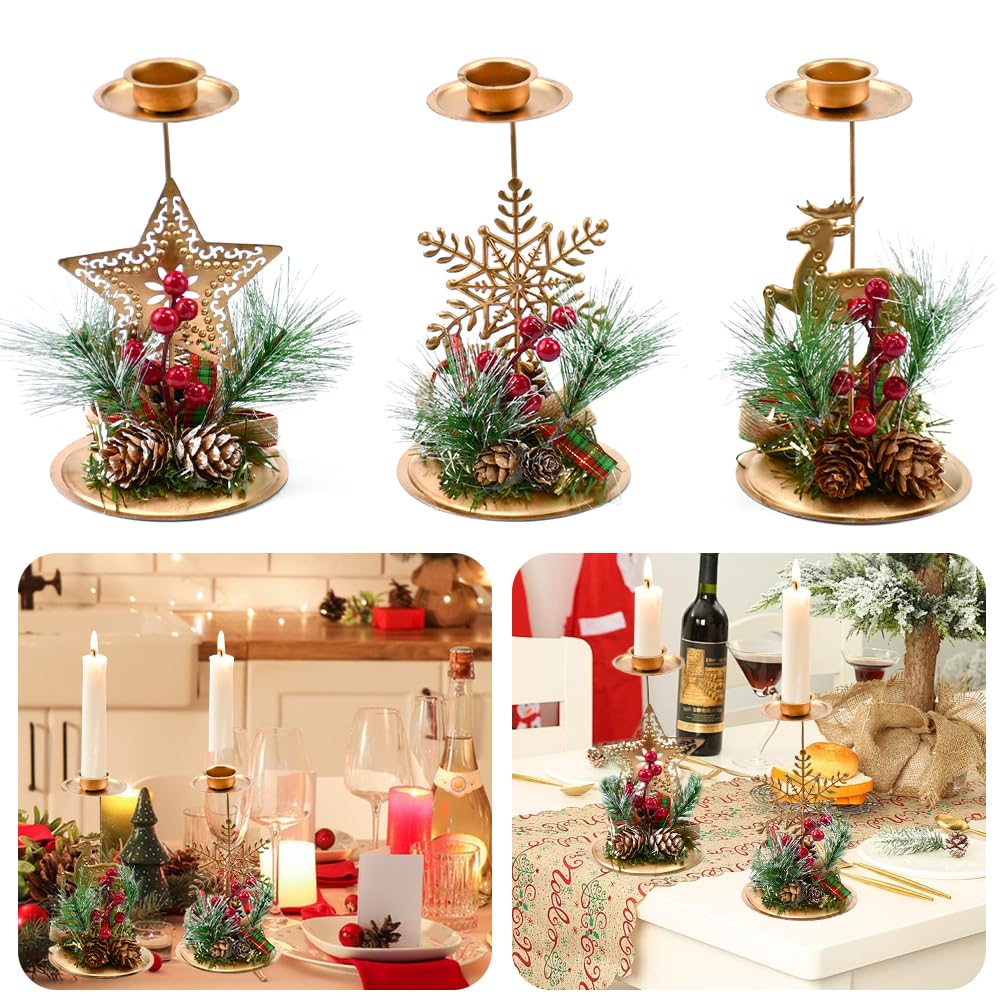 ADERTOS 3 PCS Candelabros Portavelas de Navidad, Portavelas Navidad para Velas, Candelabros Navideños de Metal, Portavelas de Oro Candelabros Vintage para Boda Navidad Decoración del Hogar