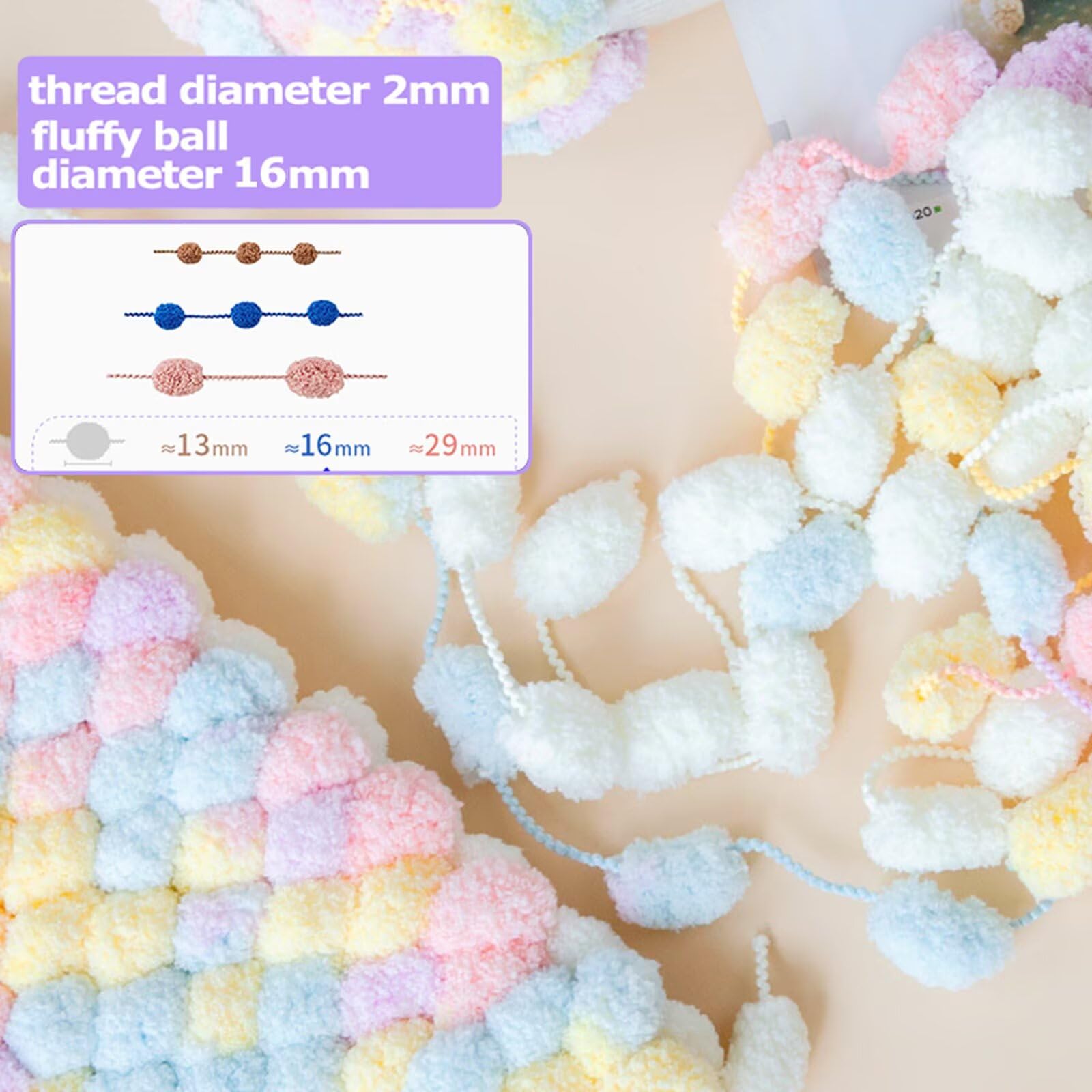 Fil à tricoter à la main avec pompons en grosse laine 100% polyester, idéal pour couvertures, écharpes et coussins. Pompons de 16 mm de diamètre. Aiguilles circulaires,100 g par pelote, 30 m