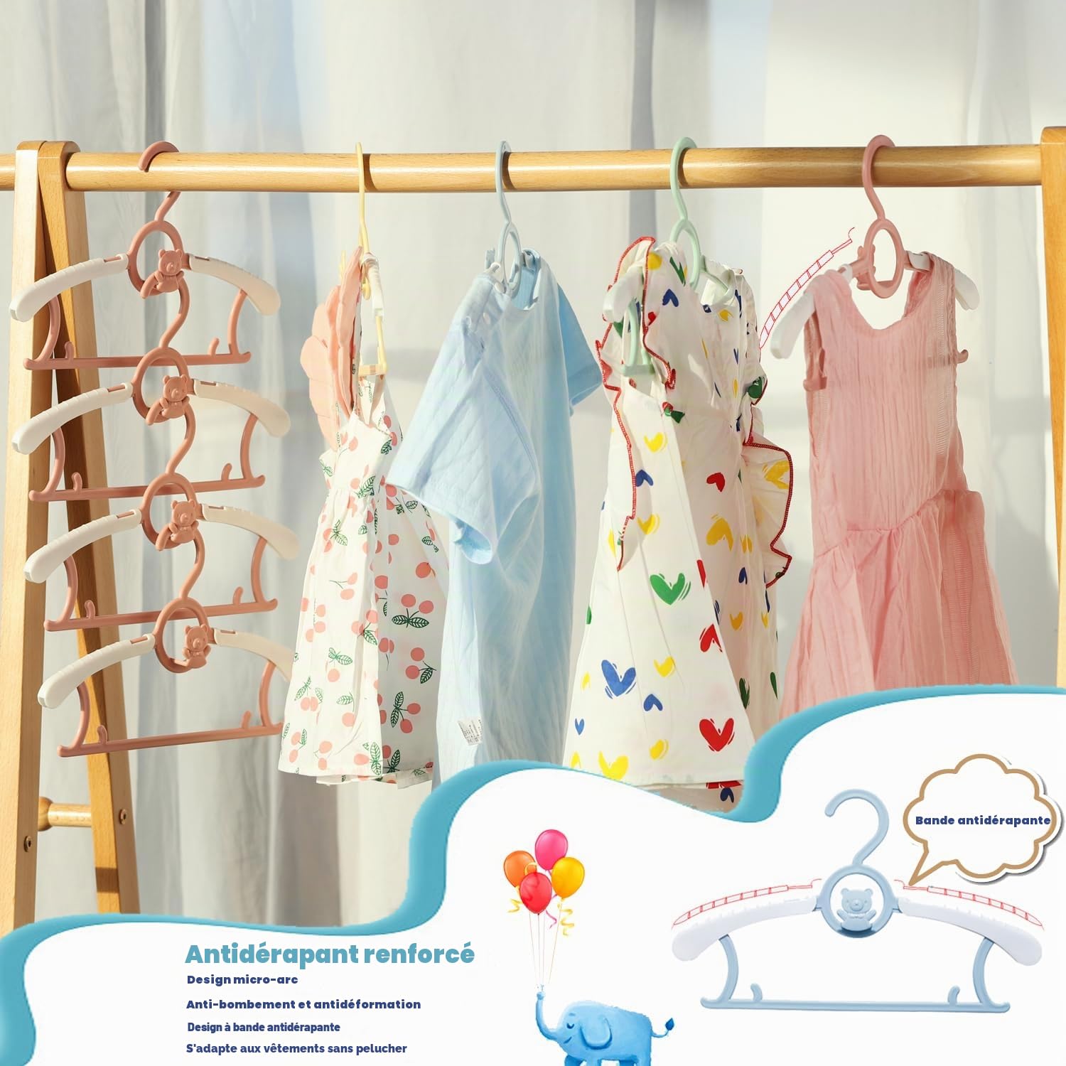 JSF Lot de 20 cintres empilables pour enfants - Avec crochets d'ours - Antidérapants - Pour vêtements d'enfants - Pour bébé - Peu encombrant (bleu + blanc)