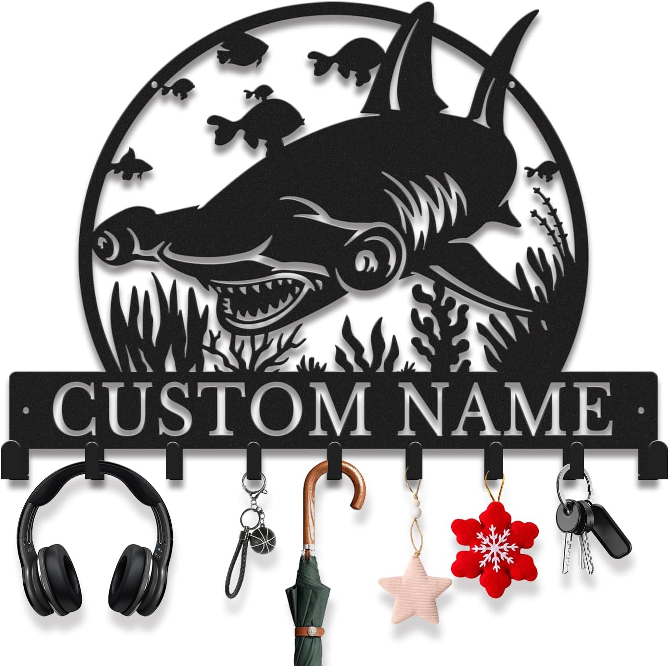 Avalox Personalized Hammerhead Shark Key Holder Wall Mount – Coastal Nautical Entryway Organizer with Hooks for Keys, Mail & Daily Essentials (Style-1)