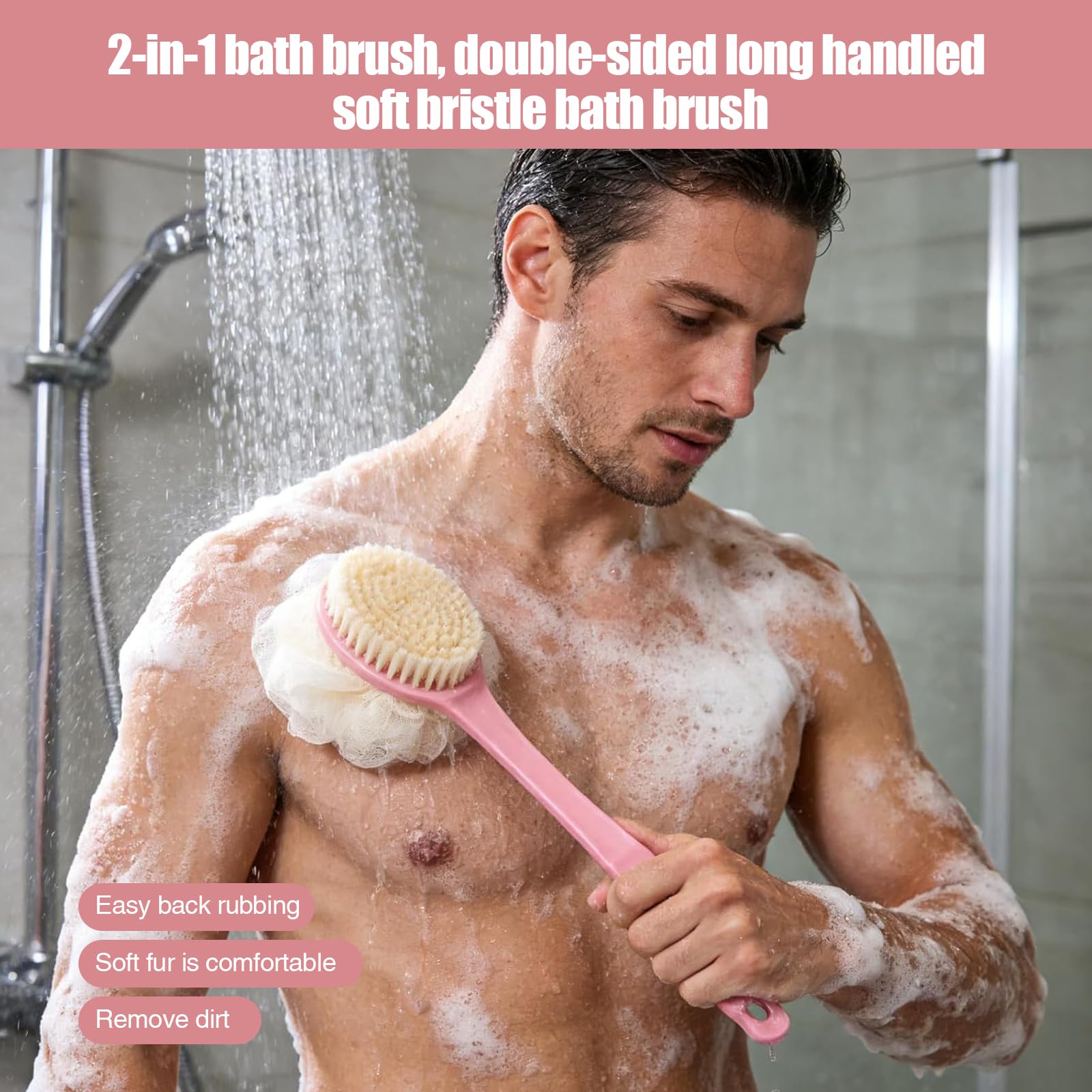 Zestaw 3 szczotek do pleców z długim trzonkiem 35 cm, szczotka prysznicowa do pleców z włosiem i loofah, szczotka do kąpieli z długim trzonkiem, szczotka do pleców dla seniorów i mężczyzn i kobiet
