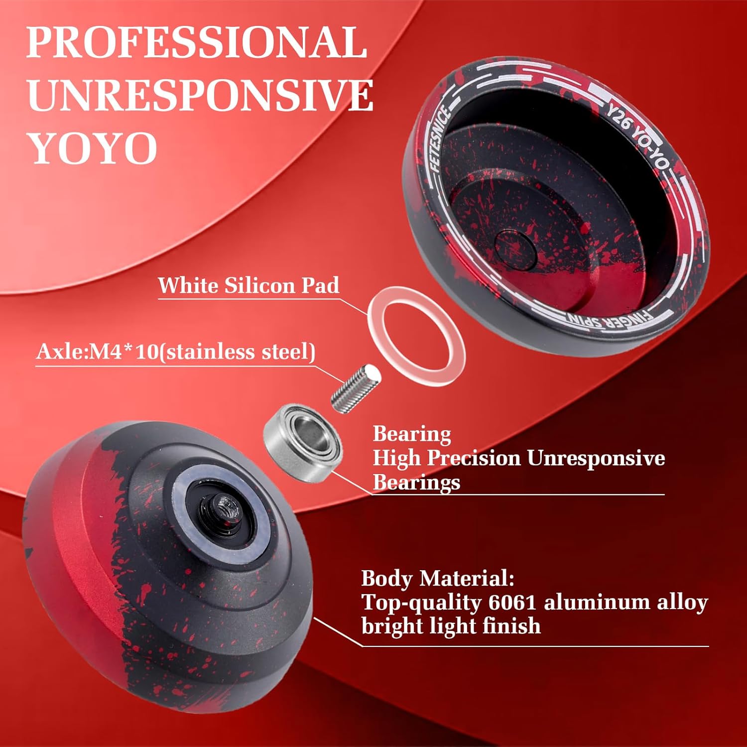 FETESNICE Y26 Professional Butterfly Yo-Yo - Dual Mode Responsive/Unresponsive Finger Spin Yoyo for Kids, Adults & Competition Players | Pro Yo-Yo with 10 Strings + Case & Gloves（Black Red ）
