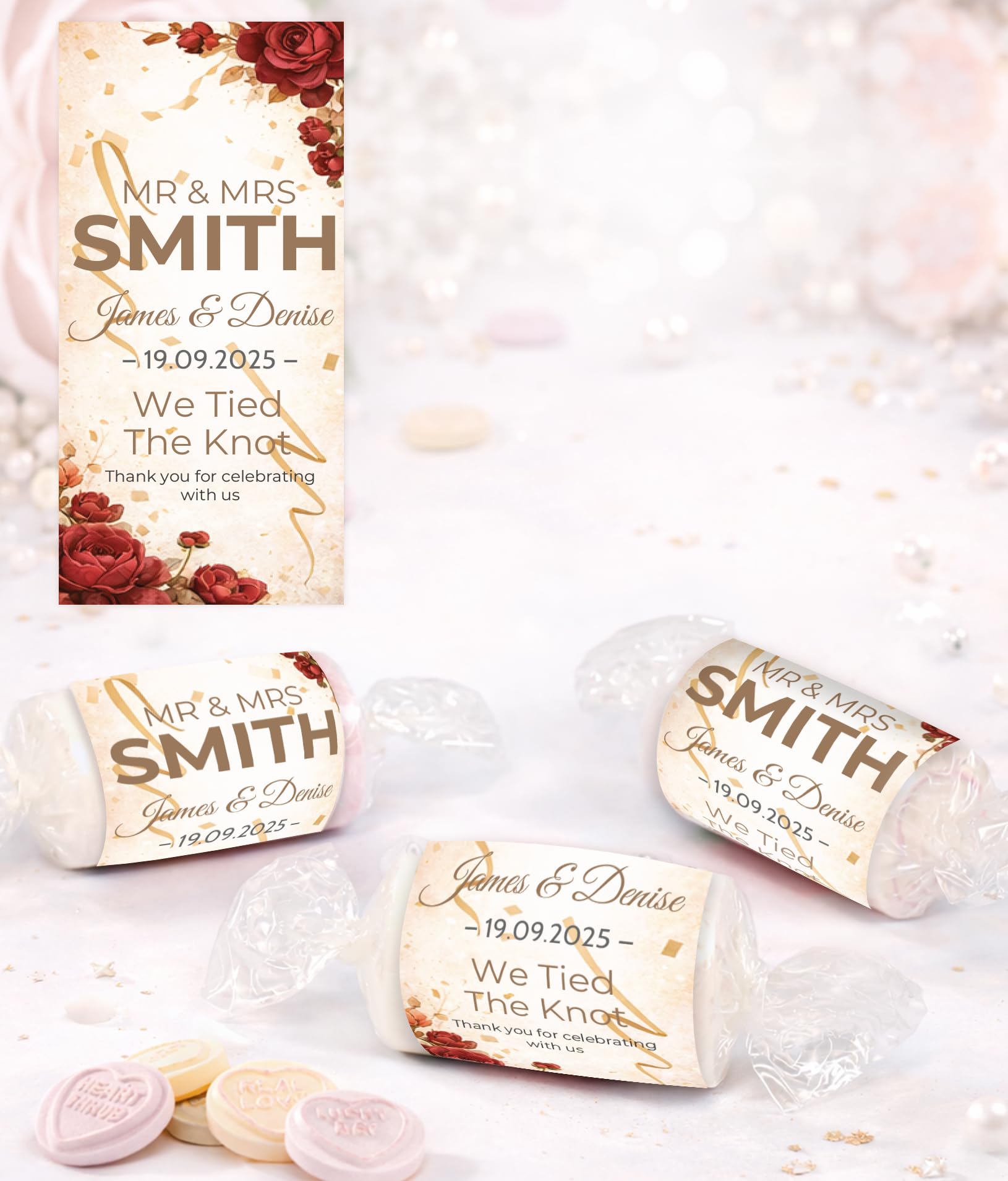 Personalised Wedding Favours Love Hearts Sweets, Custom Wrapped Mini Sweets, Happily Ever After Design, Mr & Mrs Wedding Favours UK (Burgundy)