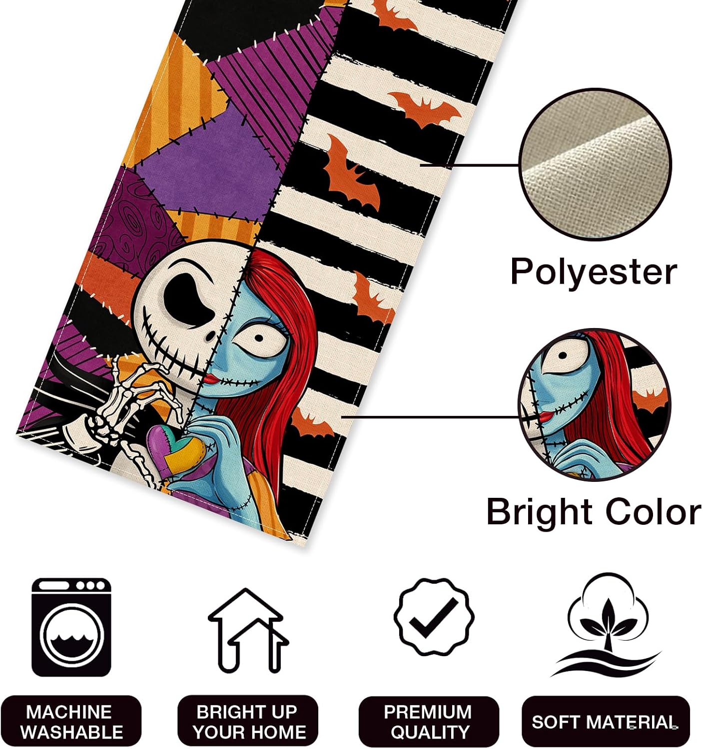 Seliem Halloween Jack Table Runner, Sally Black White Stripes Patch Bat image 2