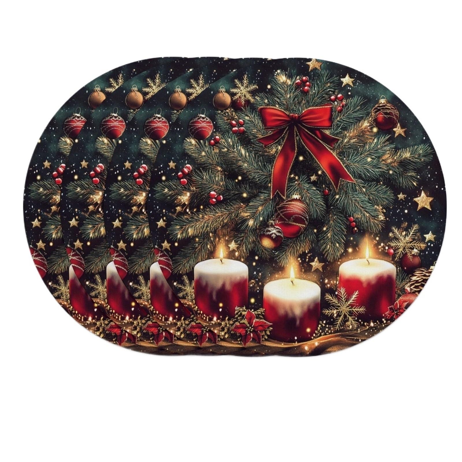 Manteles Individuales Navidad 4/6/8/10 Piezas de tapete navideño con Lazo for árbol Navidad, Copo Nieve, Mantel Cocina, Mesa Fiesta, decoración navideña(8PC)