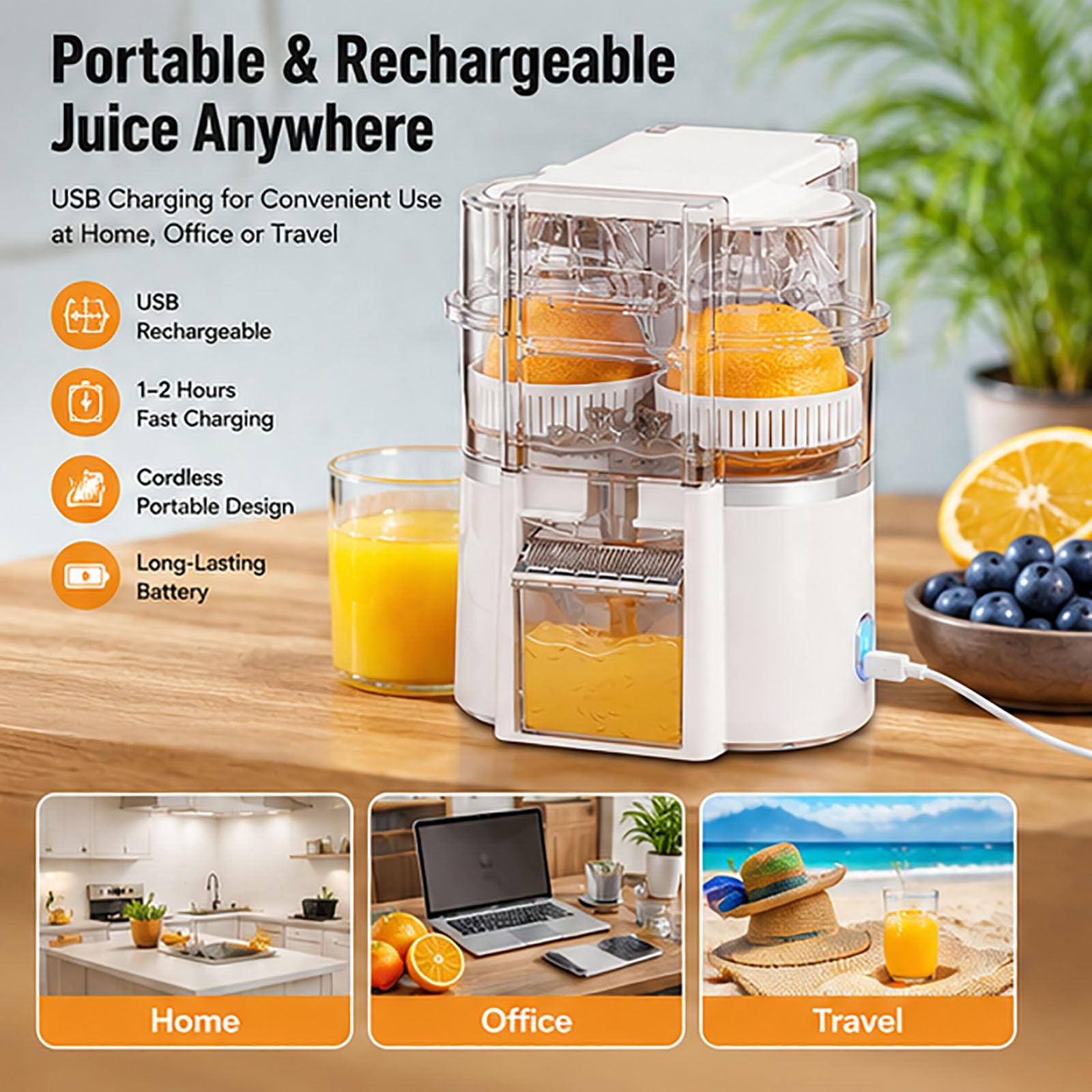 Exprimidor eléctrico de cítricos de doble cabezal, recargable inalámbrico | Exprimidor automático portátil de 100 W, 600 ml, motor de 20000 RPM, alimentado por USB, para uso en naranja(white)