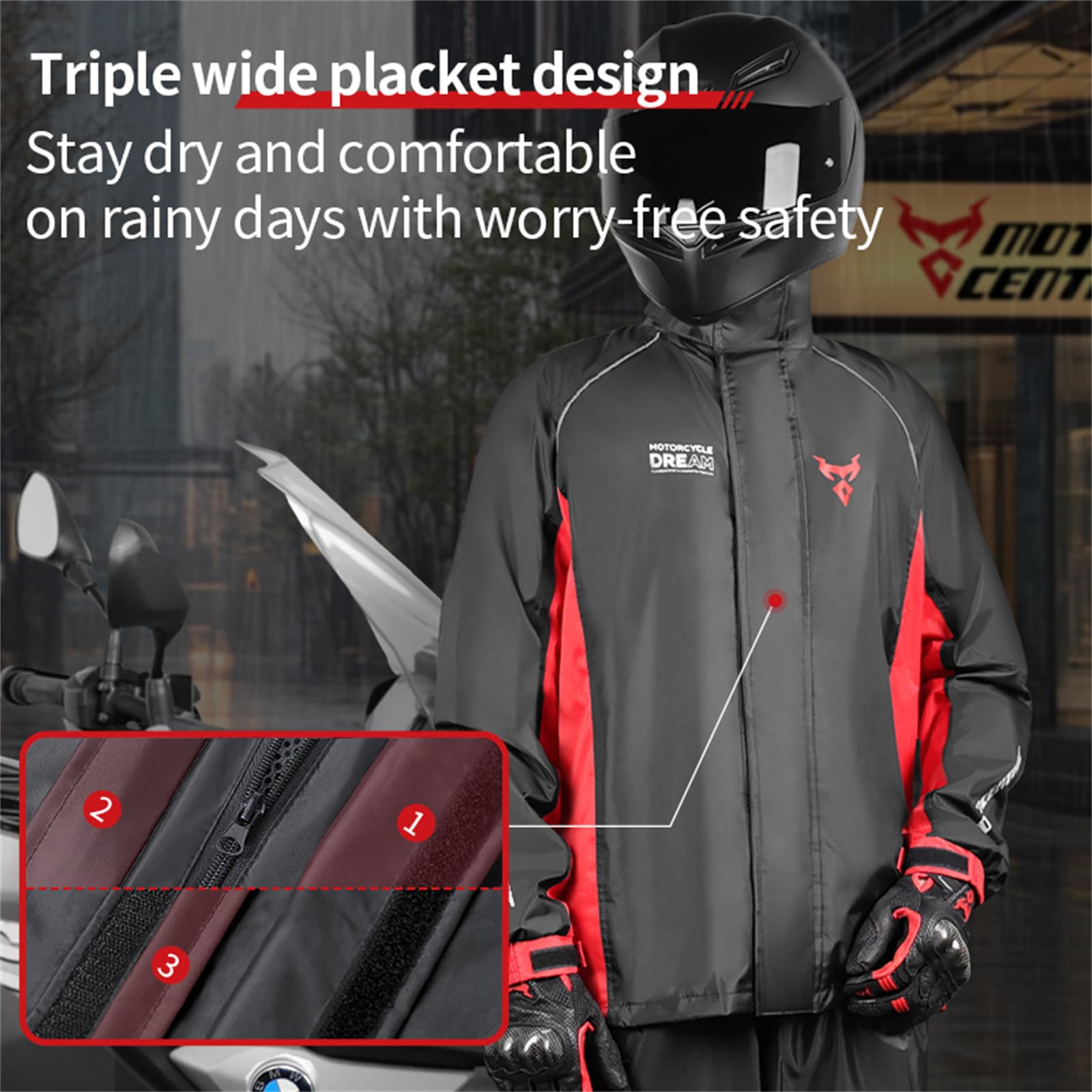 MOTOCENTRIC Traje de Lluvia para Moto 2 Piezas, Chubasquero Impermeable y Transpirable con Tiras Reflectantes, Conjunto de Chaqueta y Pantalón Cortavientos para Motorista Hombre Mujer